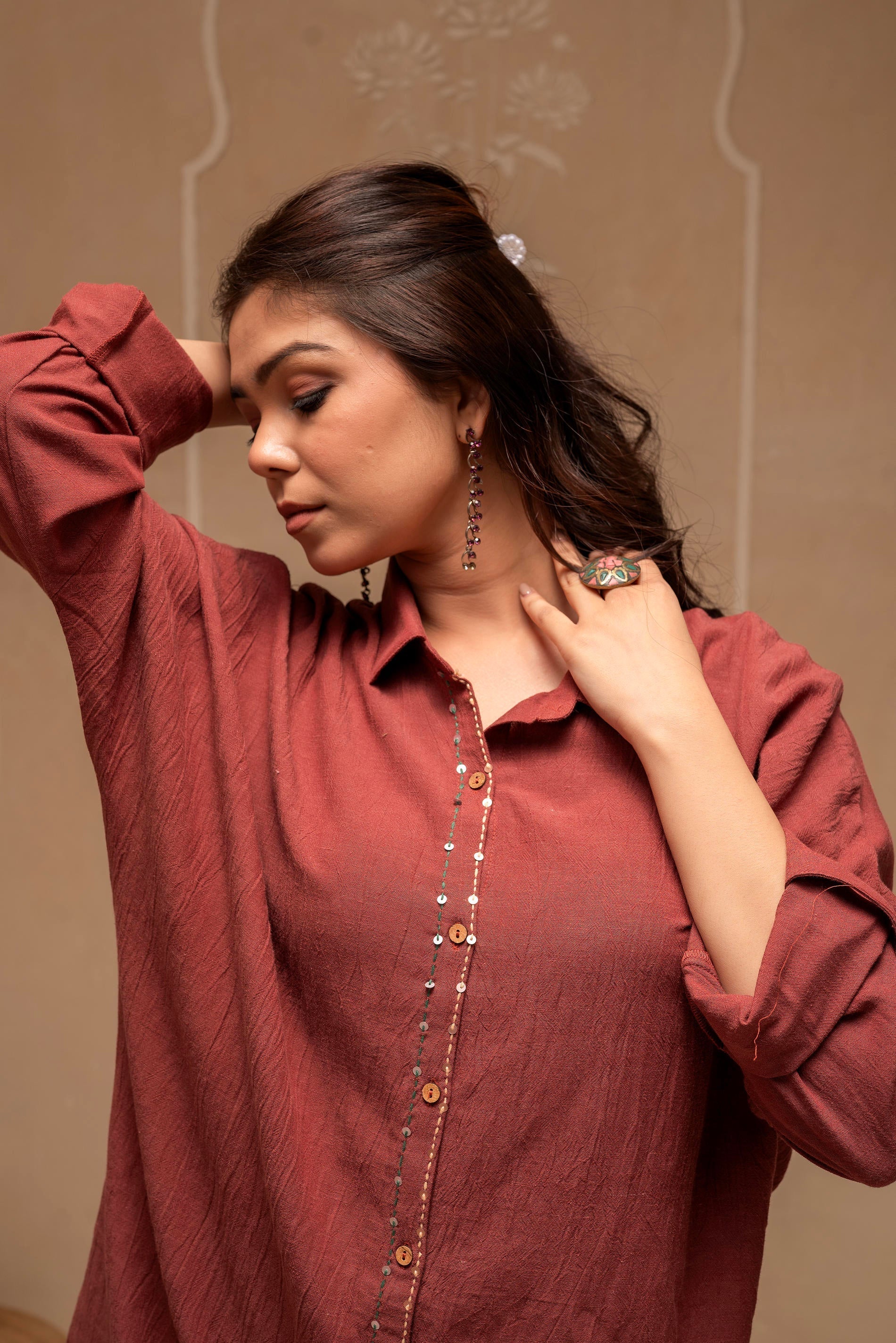Juniper Brown Embellished Viscose-Linen Co-Ord Set With Sequin Detailing - Swadesiicart