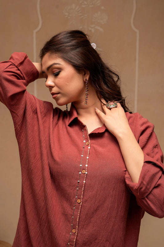 Juniper Brown Embellished Viscose-Linen Co-Ord Set With Sequin Detailing - Swadesiicart