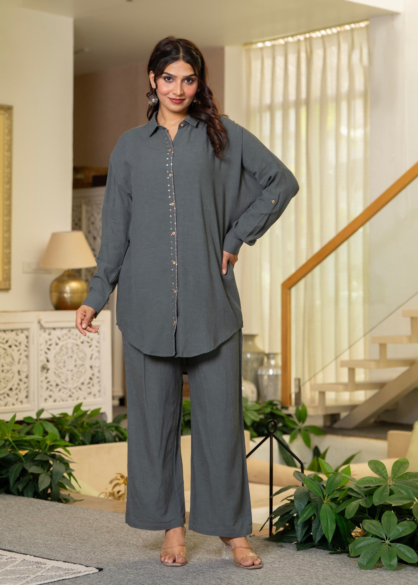 Juniper Grey Embellished Viscose-Linen Co-Ord Set With Sequin Detailing - Swadesiicart