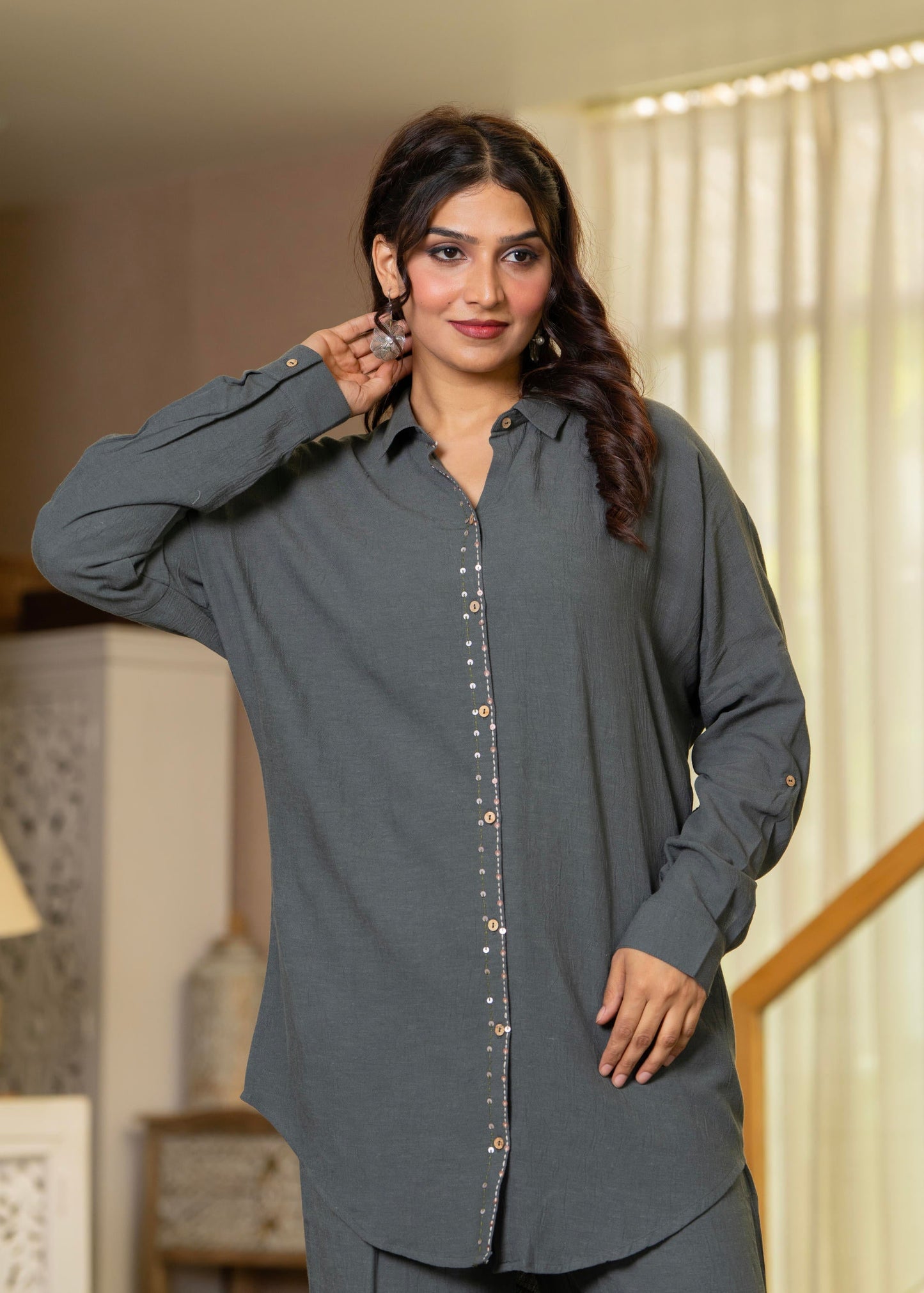 Juniper Grey Embellished Viscose-Linen Co-Ord Set With Sequin Detailing - Swadesiicart