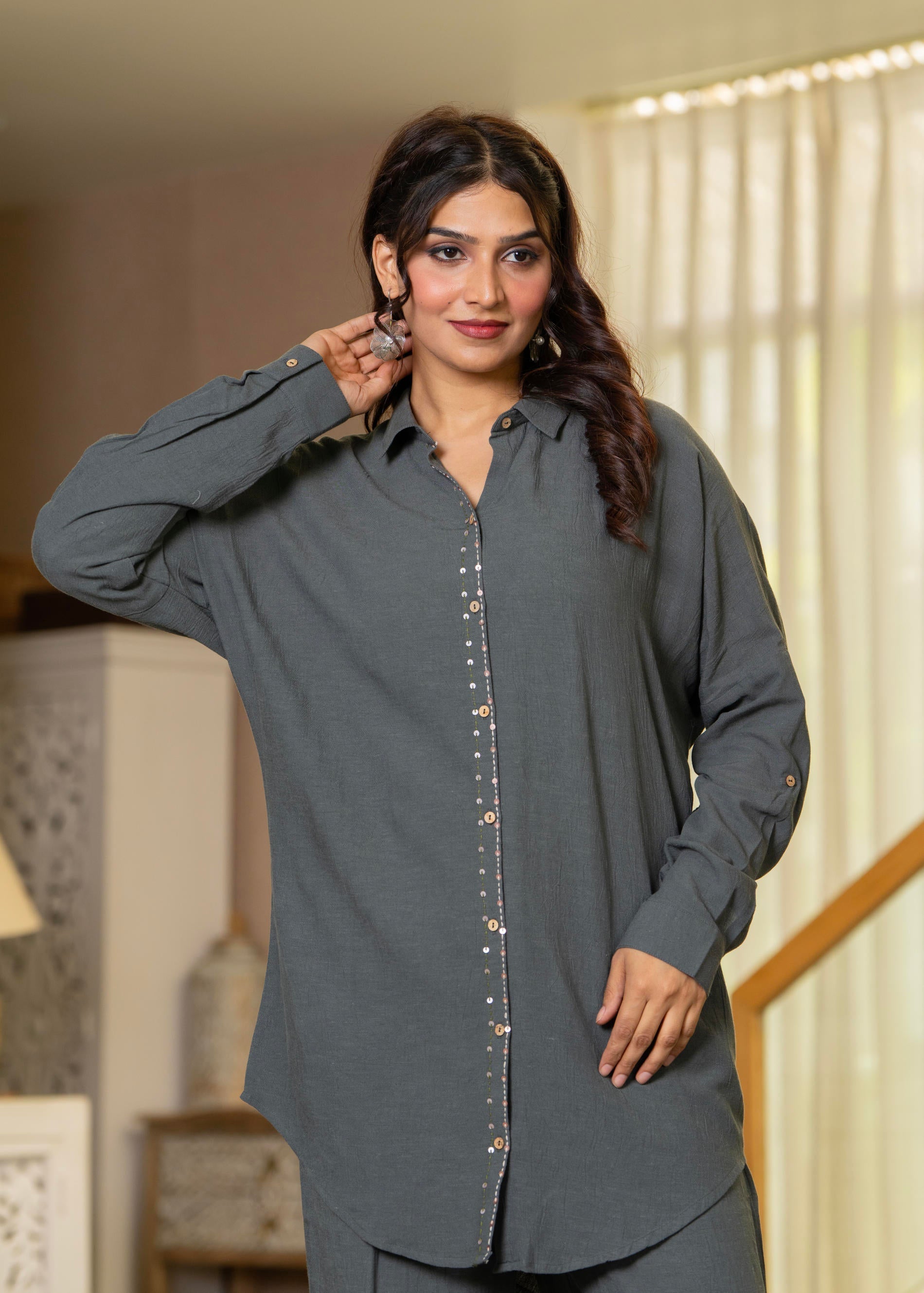 Juniper Grey Embellished Viscose-Linen Co-Ord Set With Sequin Detailing - Swadesiicart