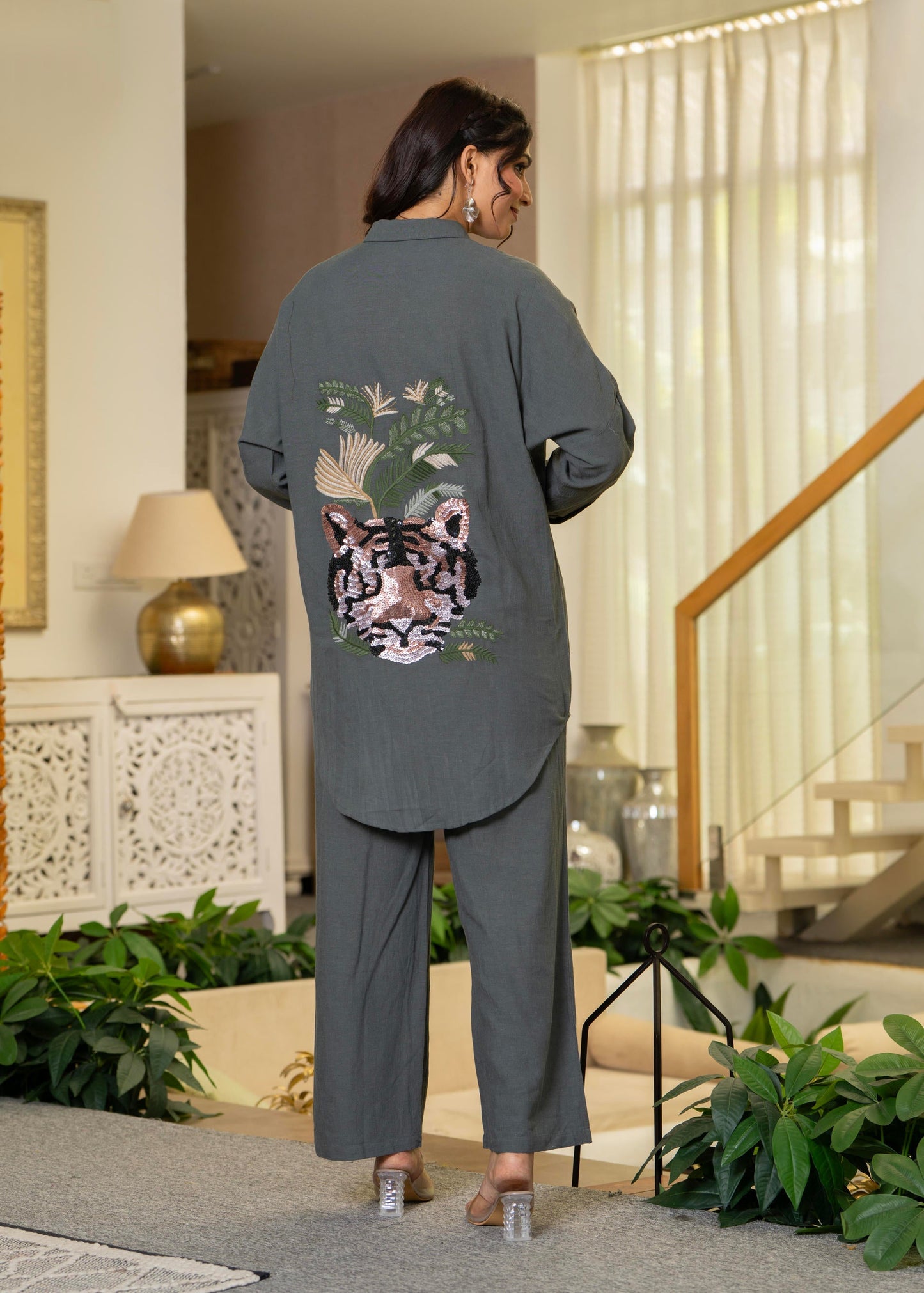 Juniper Grey Embellished Viscose-Linen Co-Ord Set With Sequin Detailing - Swadesiicart