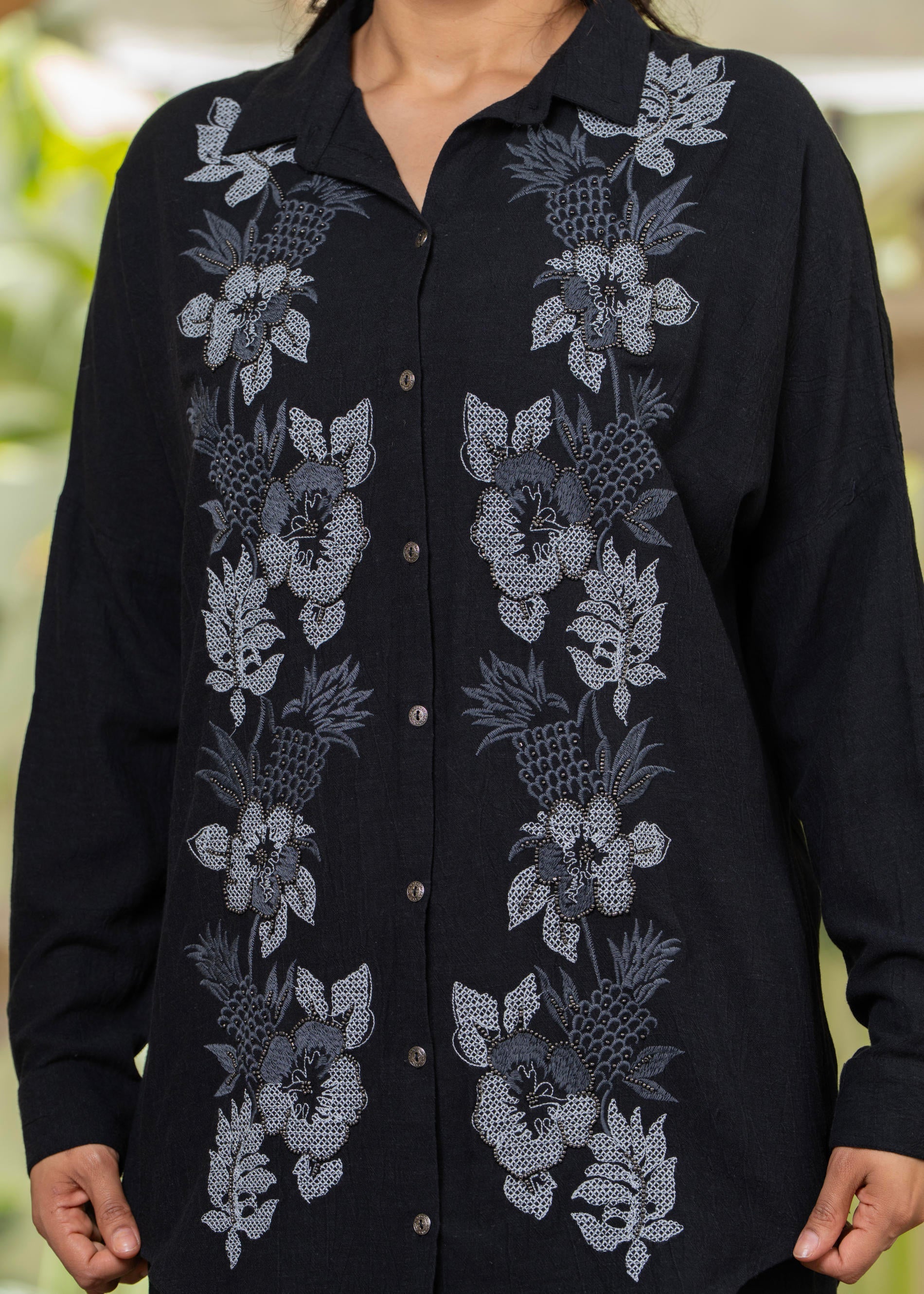 Juniper Viscose Linen Black Embroidered Shirt And Pant Co-Ord Set With Thread Work - Swadesiicart