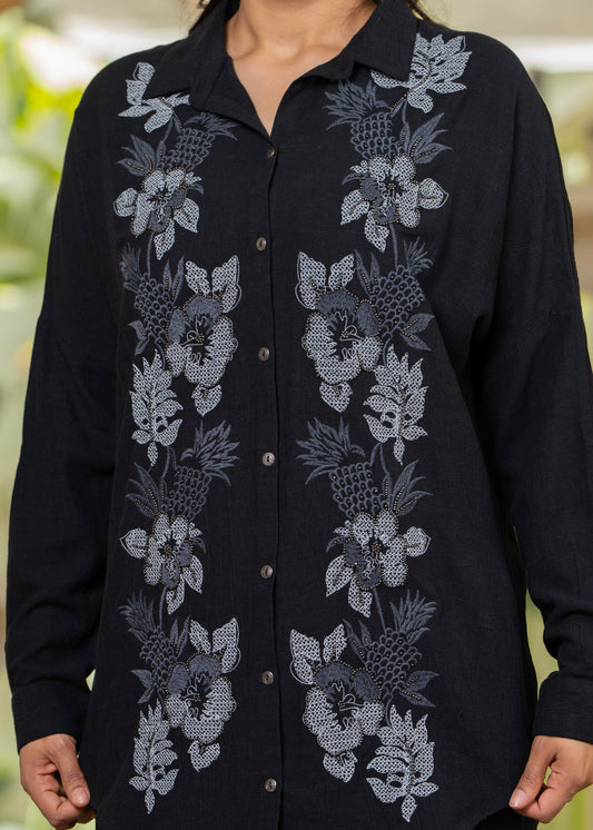 Juniper Viscose Linen Black Embroidered Shirt And Pant Co-Ord Set With Thread Work - Swadesiicart