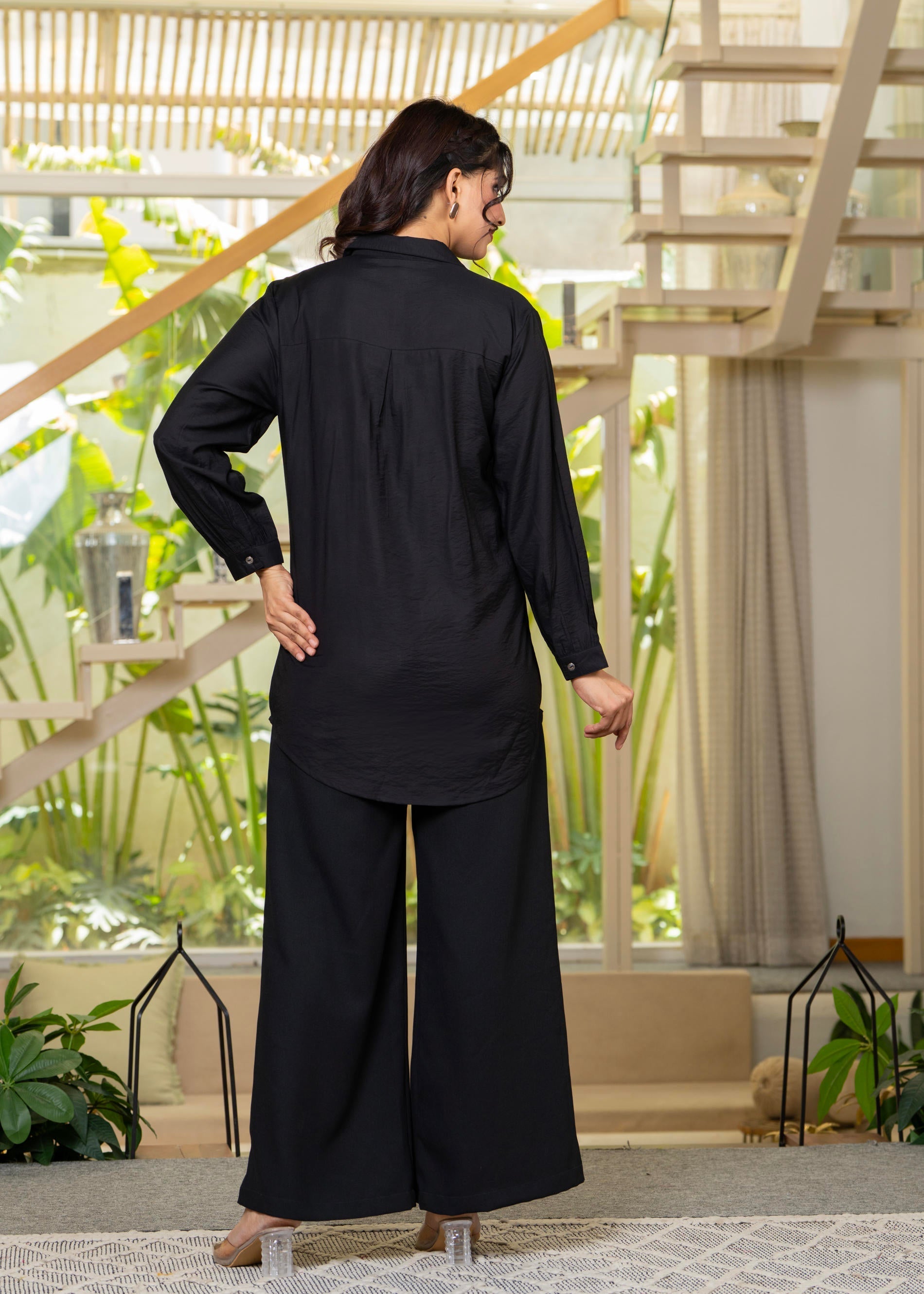 Juniper Viscose Linen Black Embroidered Shirt And Pant Co-Ord Set With Thread Work - Swadesiicart