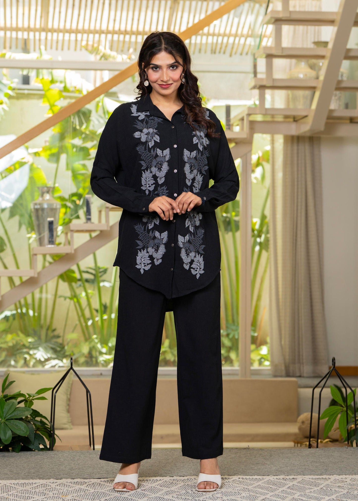 Juniper Viscose Linen Black Embroidered Shirt And Pant Co-Ord Set With Thread Work - Swadesiicart