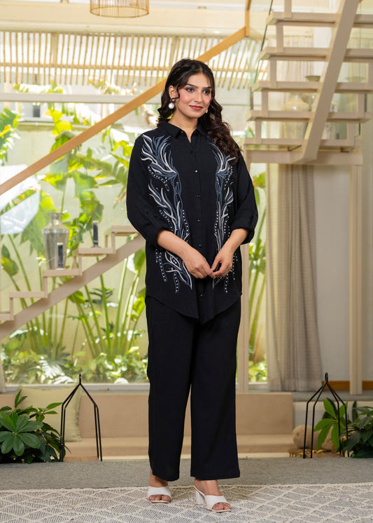 Juniper Black Embroidered Viscose Co-Ord Set With Beads & Sequin Highlights - Swadesiicart