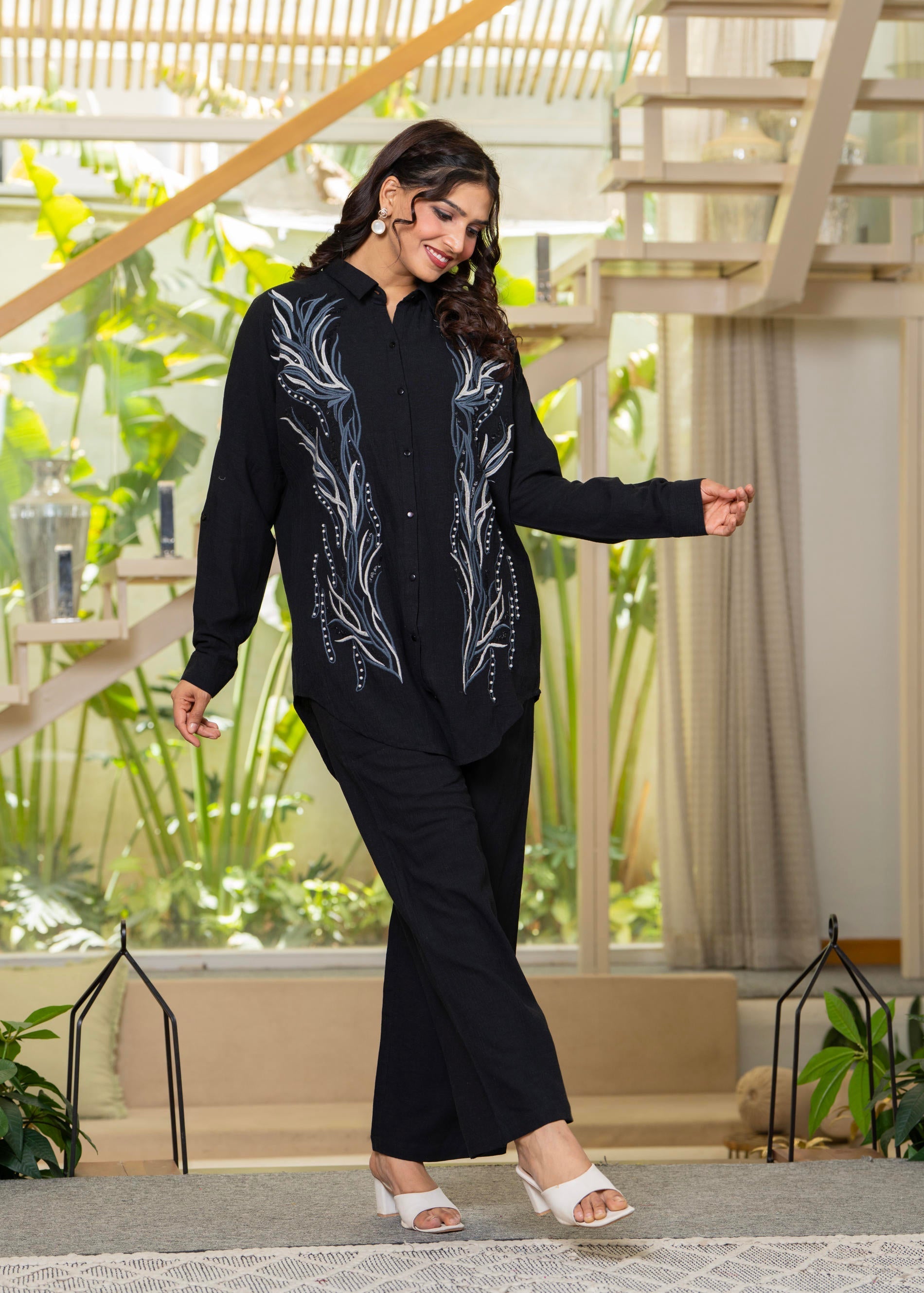 Juniper Black Embroidered Viscose Co-Ord Set With Beads & Sequin Highlights - Swadesiicart