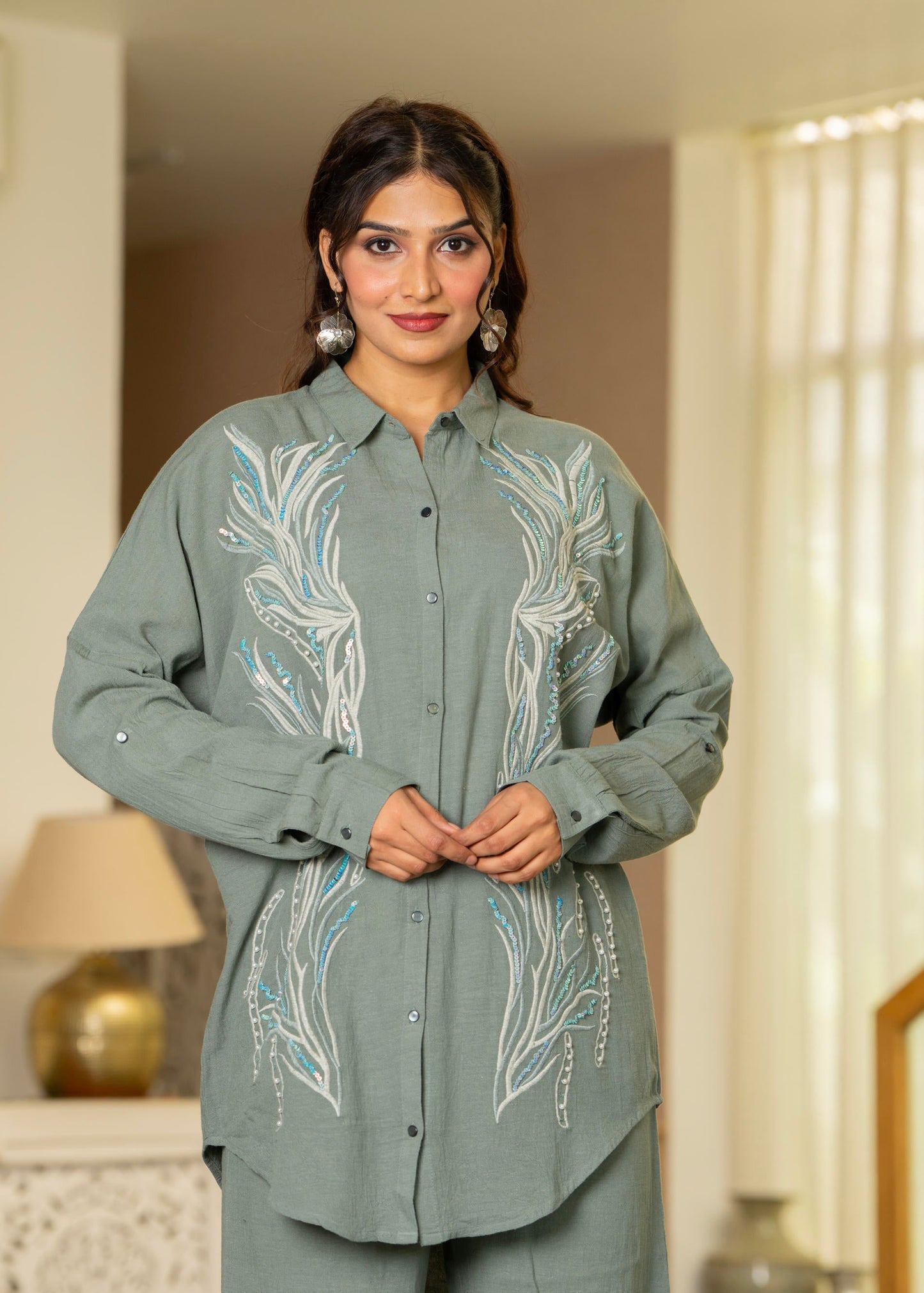 Juniper Sage Green Embroidered Viscose Co-Ord Set With Beads & Sequin Accents - Swadesiicart