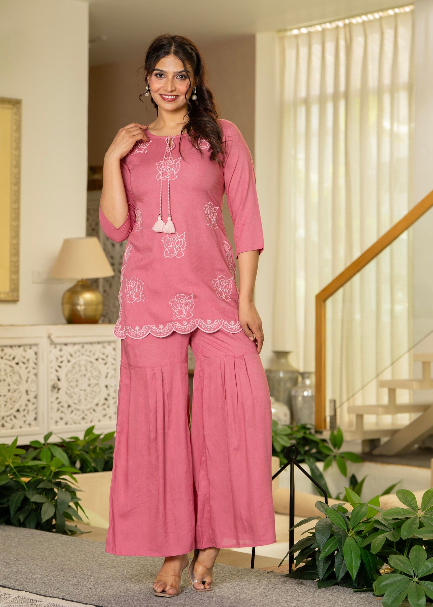 Juniper Dusty Pink Solid Viscose Tunic And Pants Co-Ord Set With Thread Work And Sequence - Swadesiicart