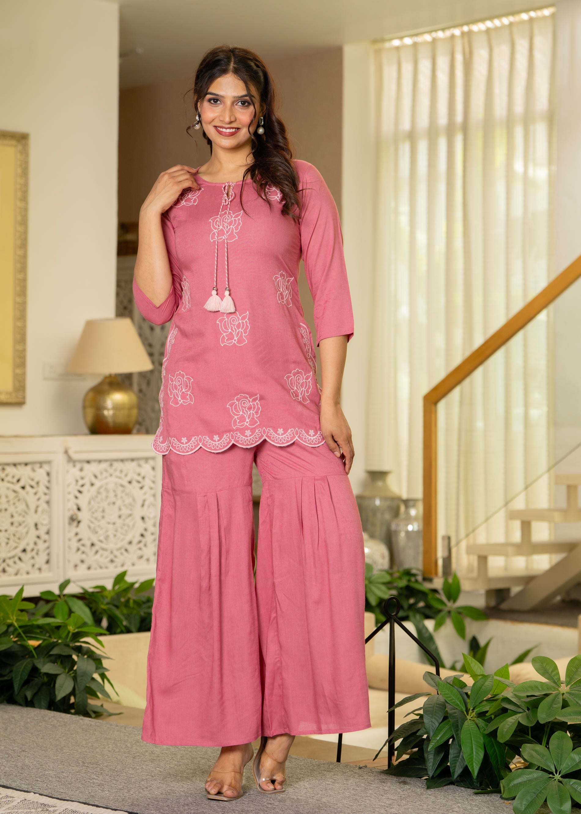 Juniper Dusty Pink Solid Viscose Tunic And Pants Co-Ord Set With Thread Work And Sequence - Swadesiicart