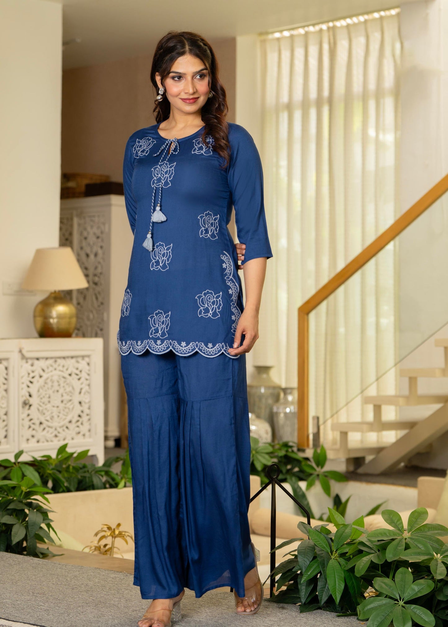 Juniper Navy Solid Viscose Tunic And Pants Co-Ord Set With Thread Work And Sequence - Swadesiicart