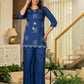 Juniper Navy Solid Viscose Tunic And Pants Co-Ord Set With Thread Work And Sequence - Swadesiicart