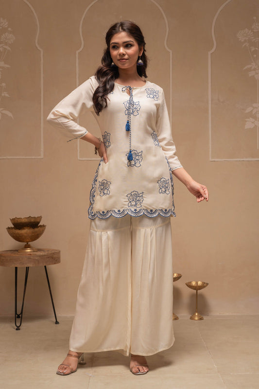 Juniper Off White Solid Viscose Tunic And Pants Co-Ord Set With Thread Work And Sequence - Swadesiicart