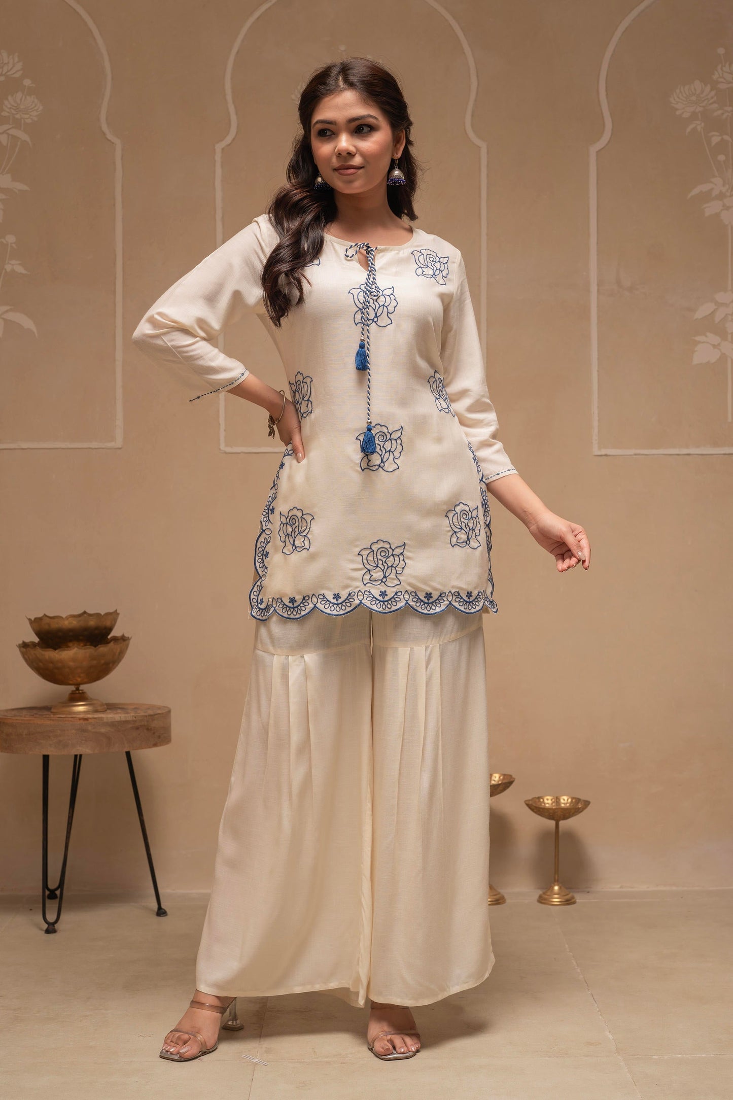 Juniper Off White Solid Viscose Tunic And Pants Co-Ord Set With Thread Work And Sequence - Swadesiicart