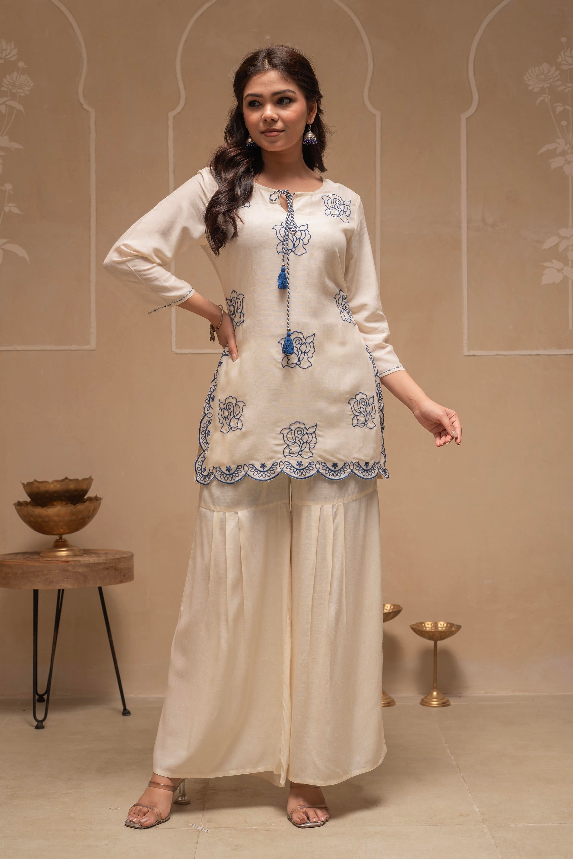 Juniper Off White Solid Viscose Tunic And Pants Co-Ord Set With Thread Work And Sequence - Swadesiicart