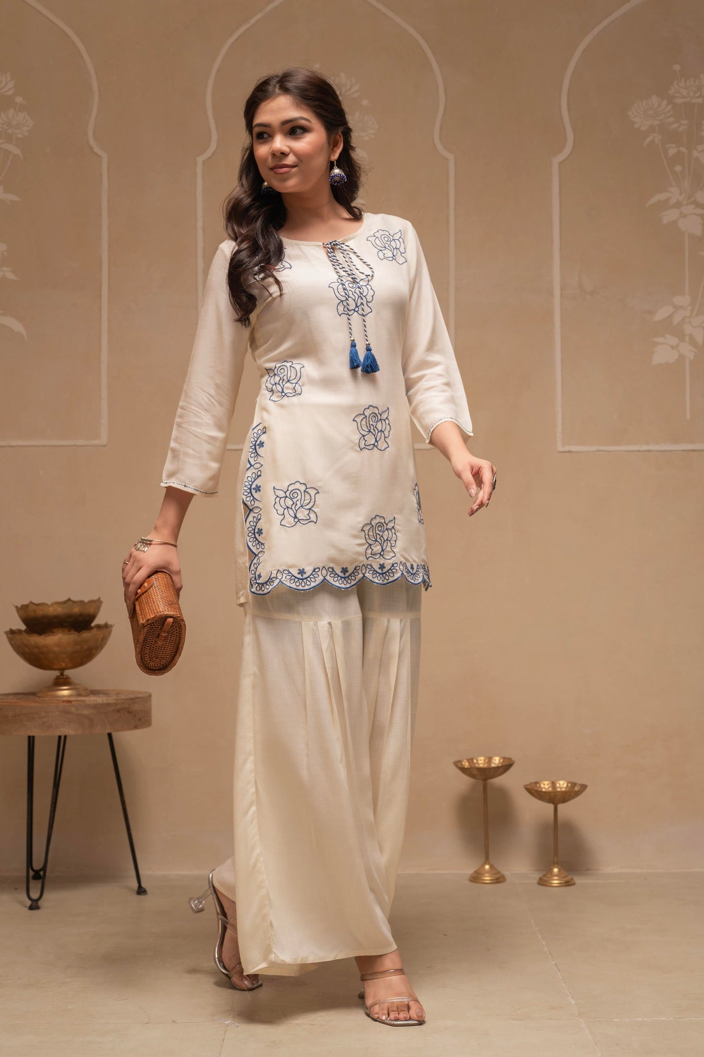 Juniper Off White Solid Viscose Tunic And Pants Co-Ord Set With Thread Work And Sequence - Swadesiicart