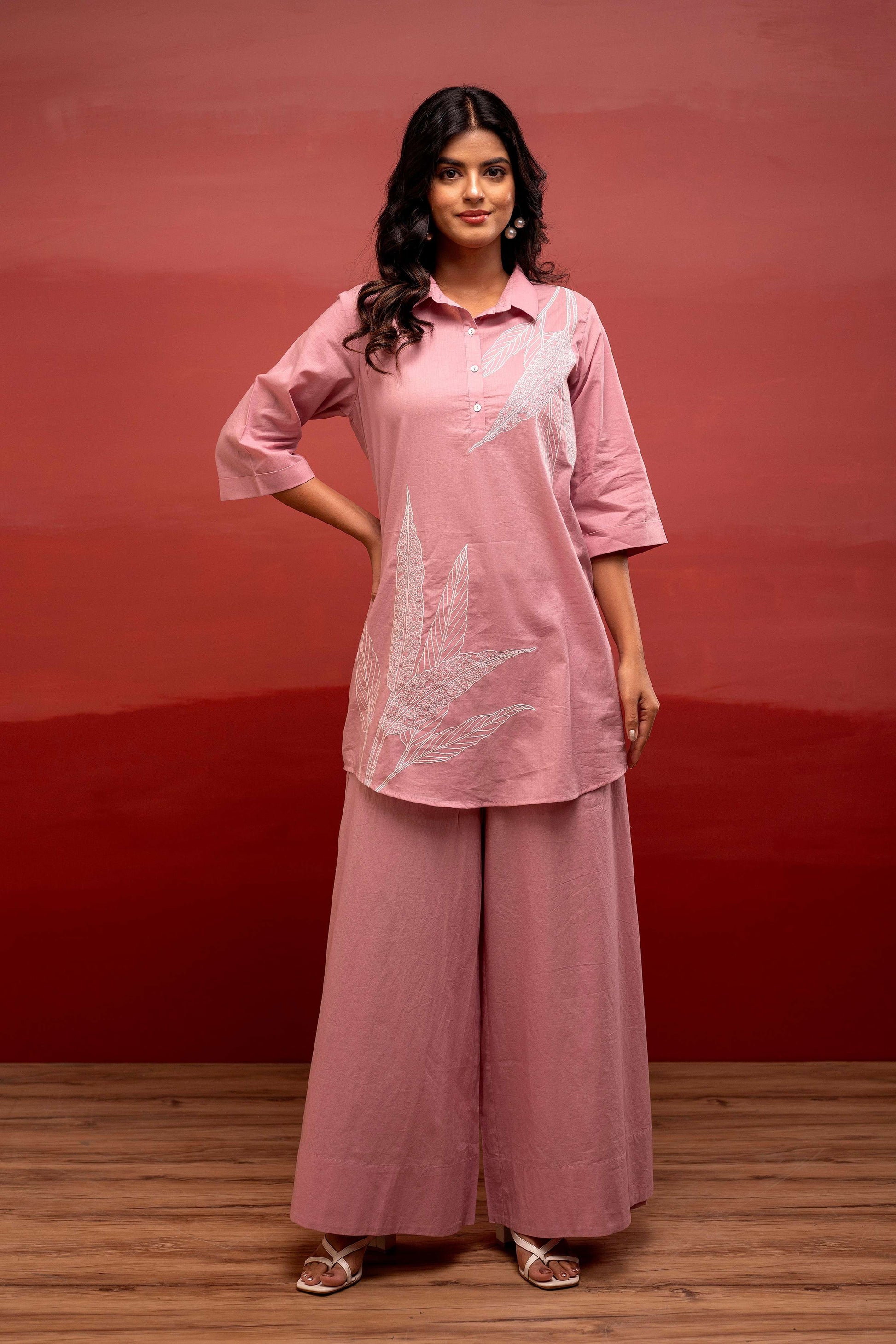 Juniper Onion Pink Solid Cotton Shirt And Pants Co-Ord Set With Thread Work - Swadesiicart