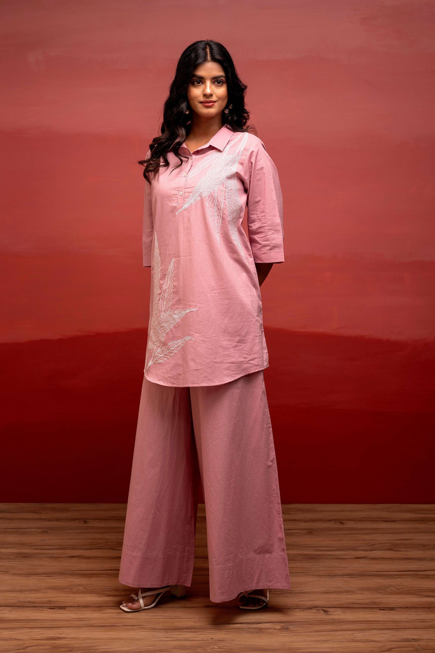 Juniper Onion Pink Solid Cotton Shirt And Pants Co-Ord Set With Thread Work - Swadesiicart