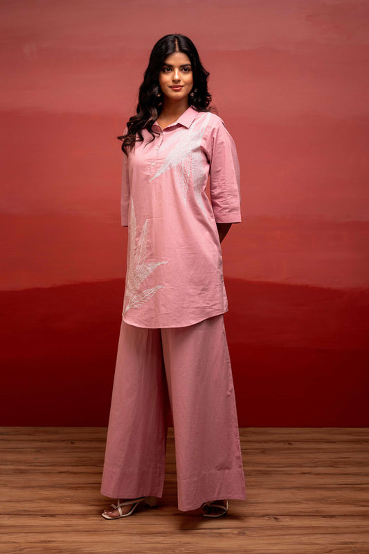 Juniper Onion Pink Solid Cotton Shirt And Pants Co-Ord Set With Thread Work - Swadesiicart