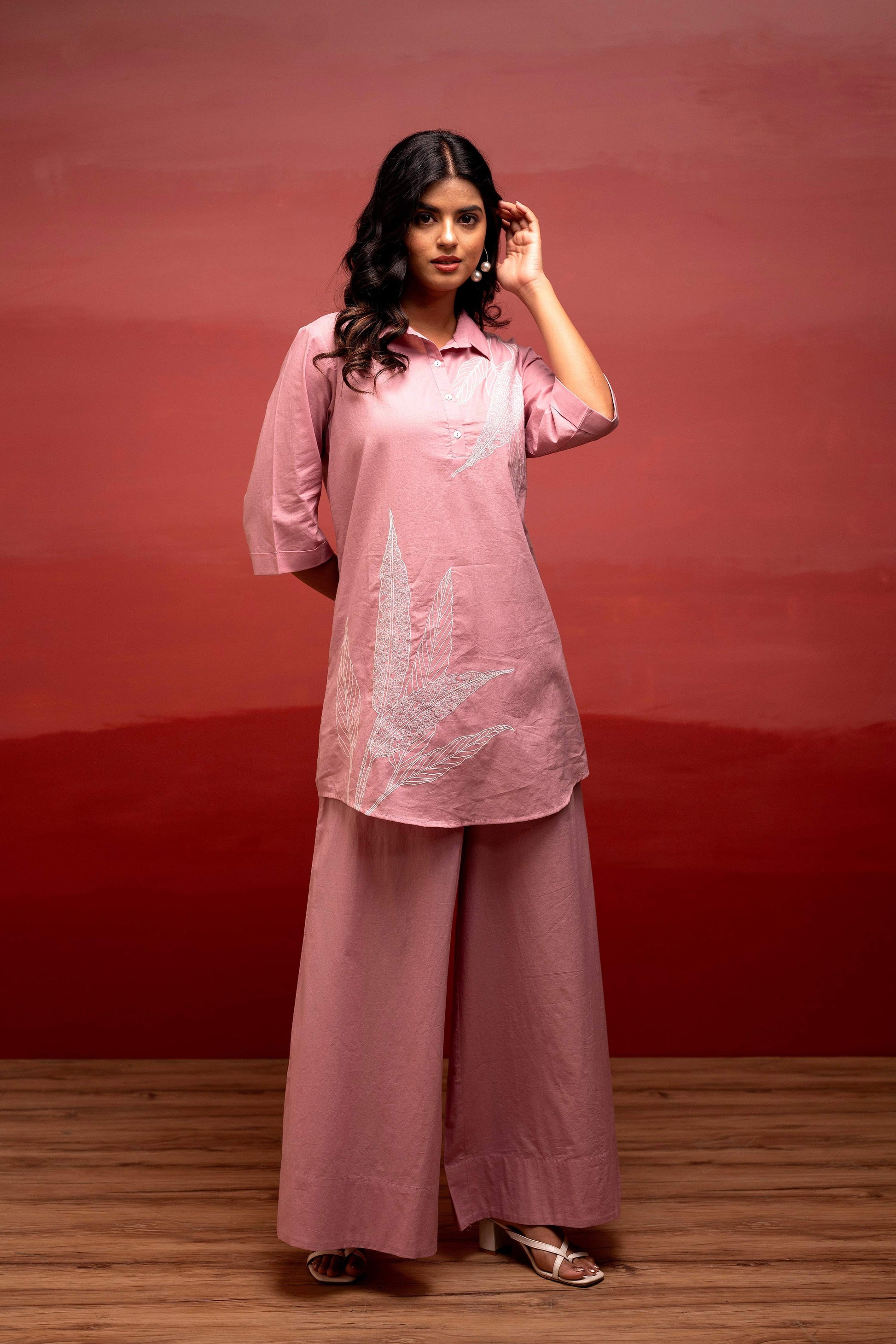 Juniper Onion Pink Solid Cotton Shirt And Pants Co-Ord Set With Thread Work - Swadesiicart