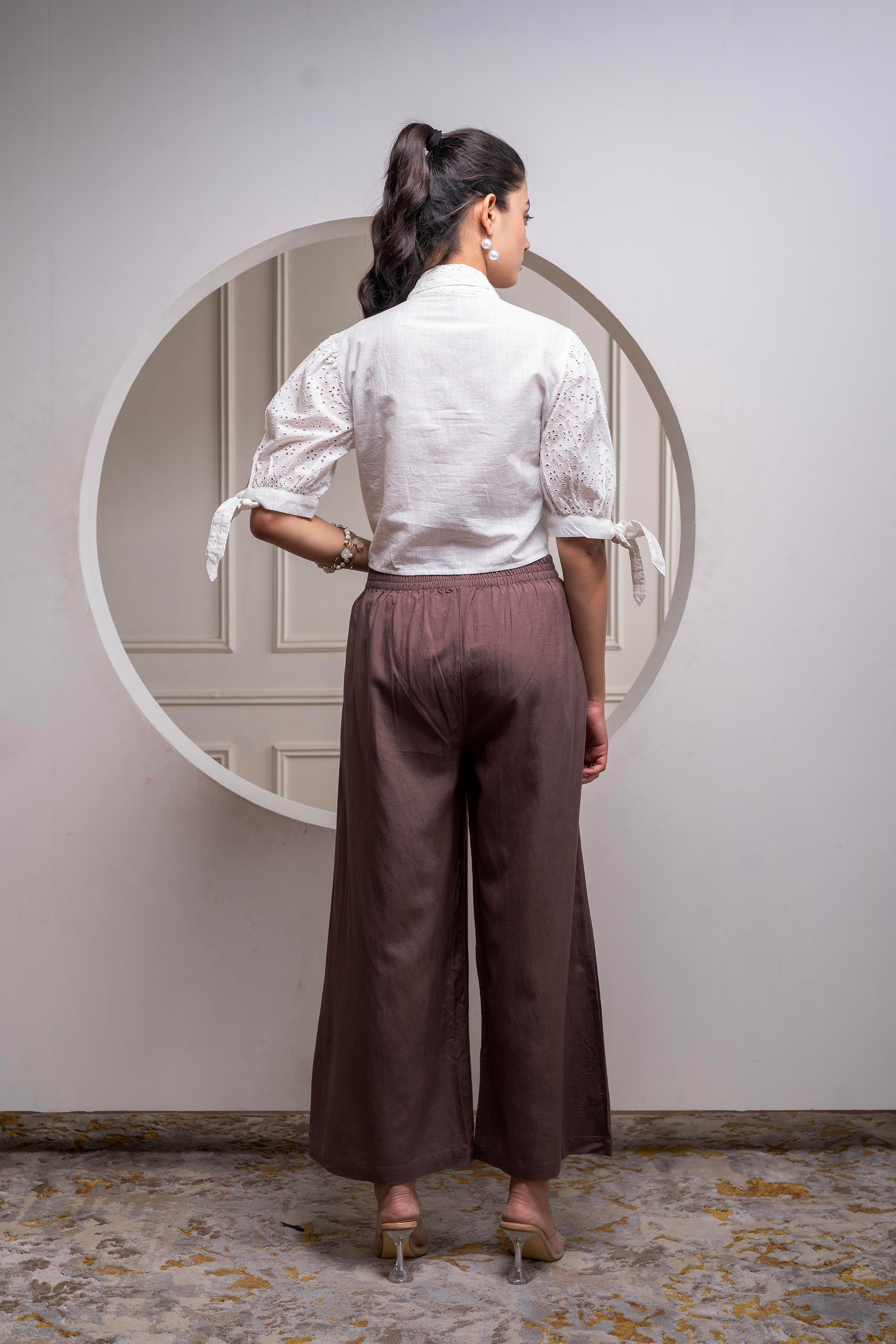 Juniper White & Brown Cotton-Viscose Embroidered Co-Ord Set With Thread Work & Lace - Swadesiicart