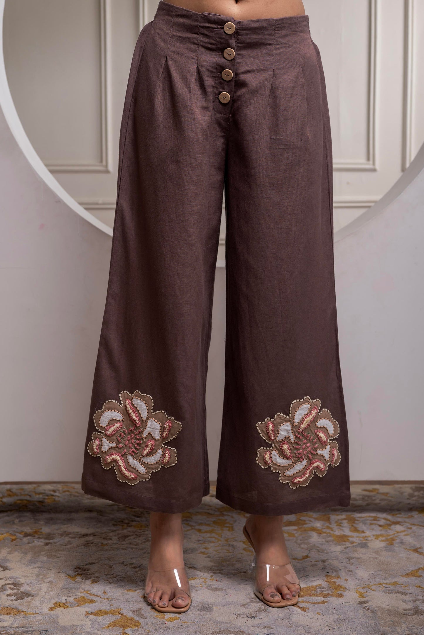 Juniper White & Brown Cotton-Viscose Embroidered Co-Ord Set With Thread Work & Lace - Swadesiicart