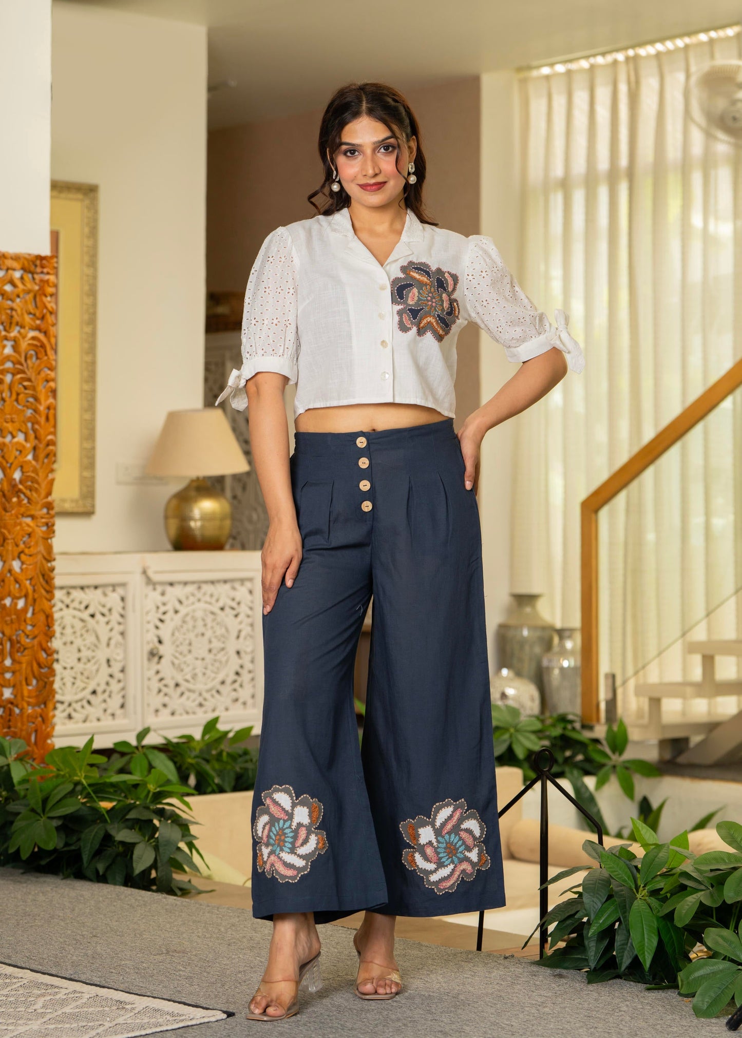 Juniper White & Teal Cotton-Viscose Embroidered Co-Ord Set With Thread Work & Lace - Swadesiicart
