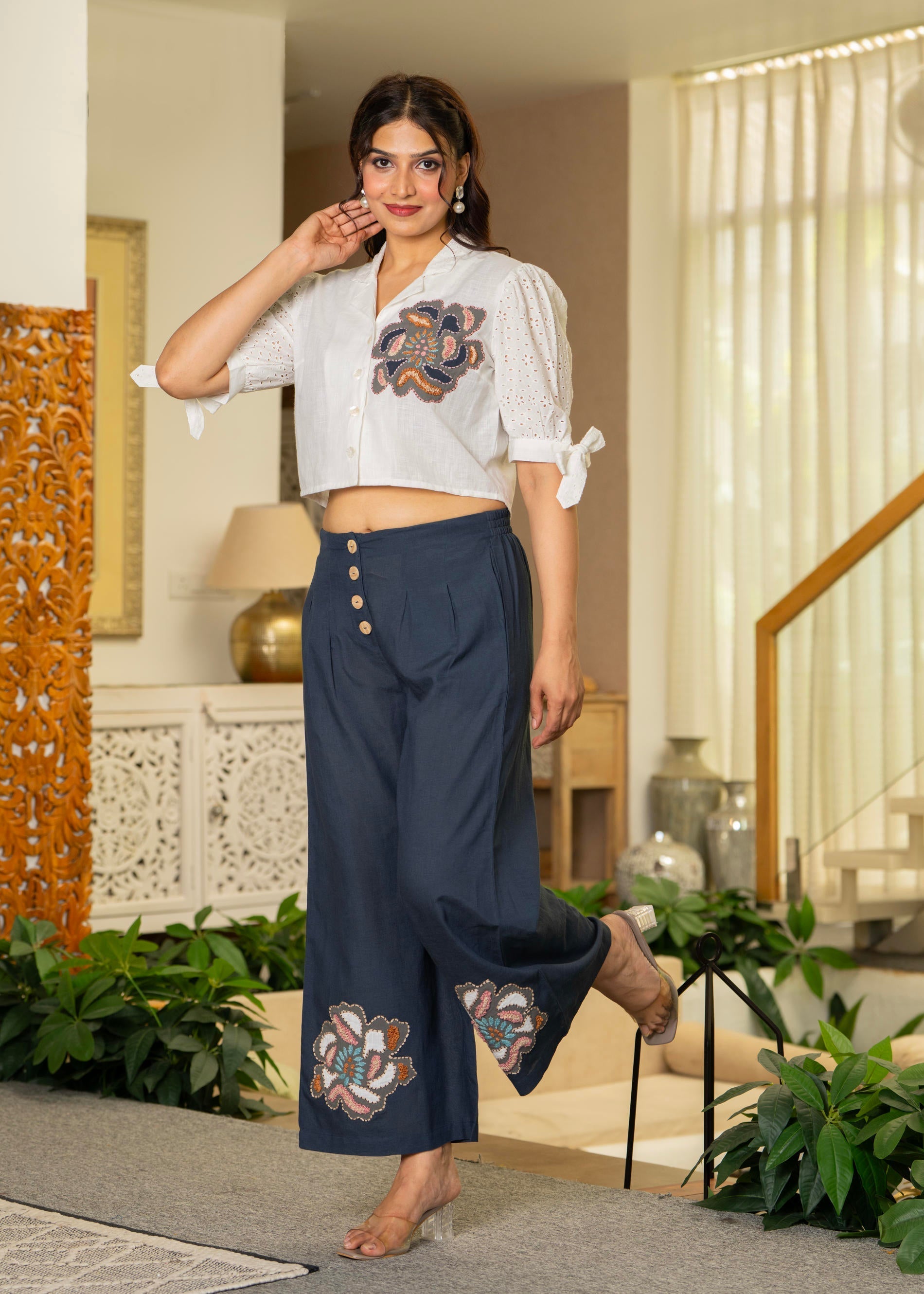 Juniper White & Teal Cotton-Viscose Embroidered Co-Ord Set With Thread Work & Lace - Swadesiicart