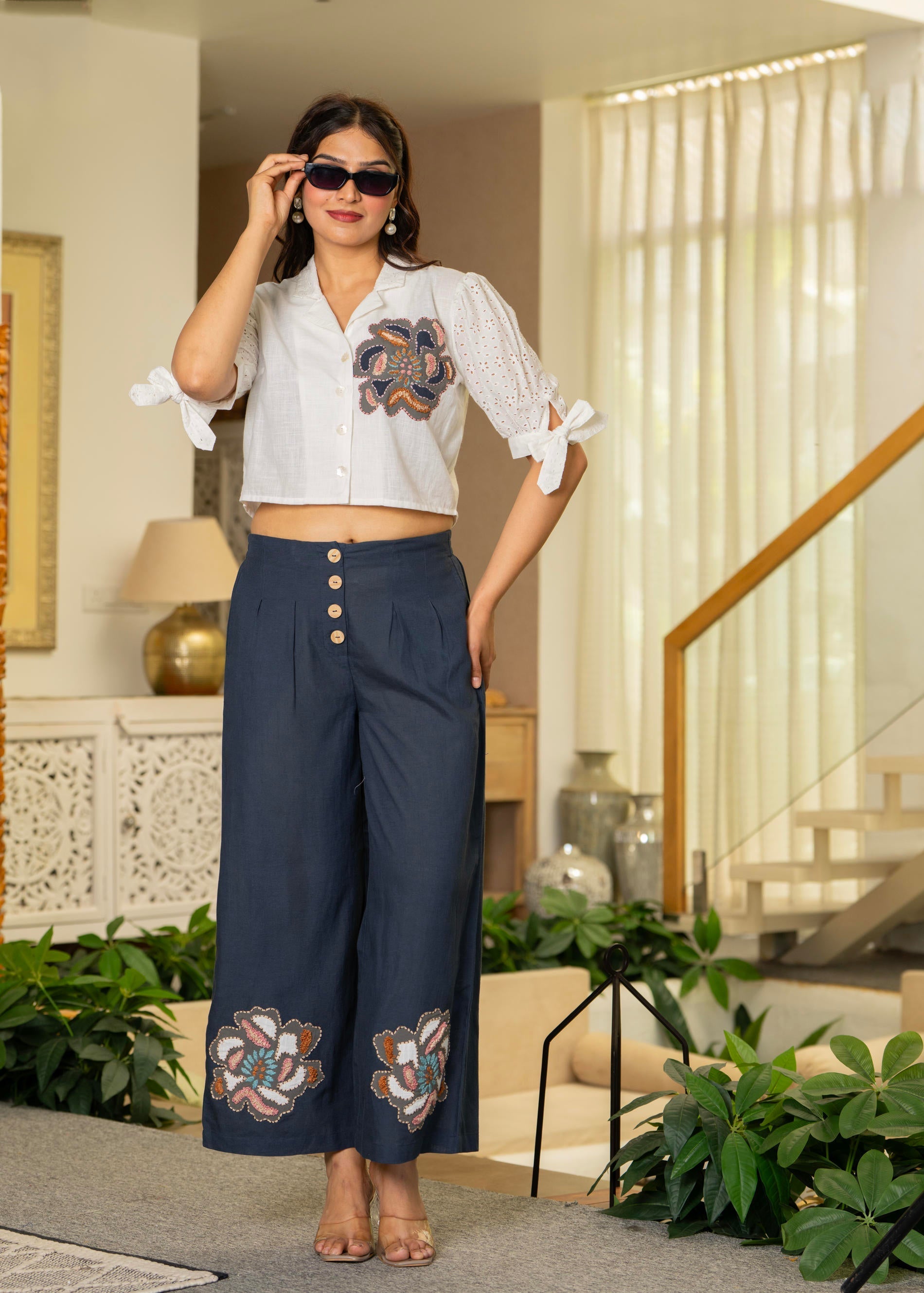 Juniper White & Teal Cotton-Viscose Embroidered Co-Ord Set With Thread Work & Lace - Swadesiicart