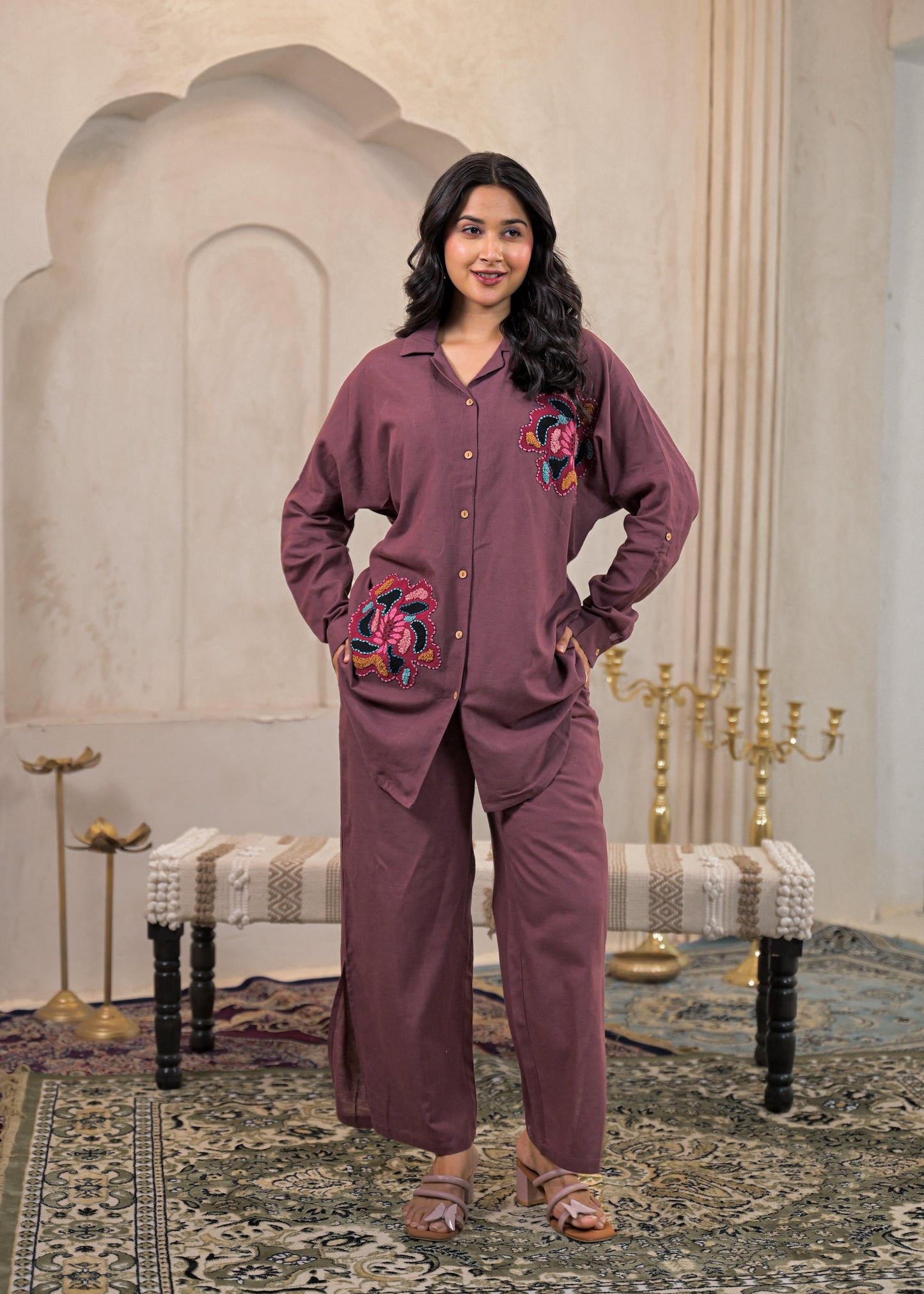 Juniper Viscose Linen Mauve Embroidered Top And Pant Co-Ord Set With Thread Work - Swadesiicart