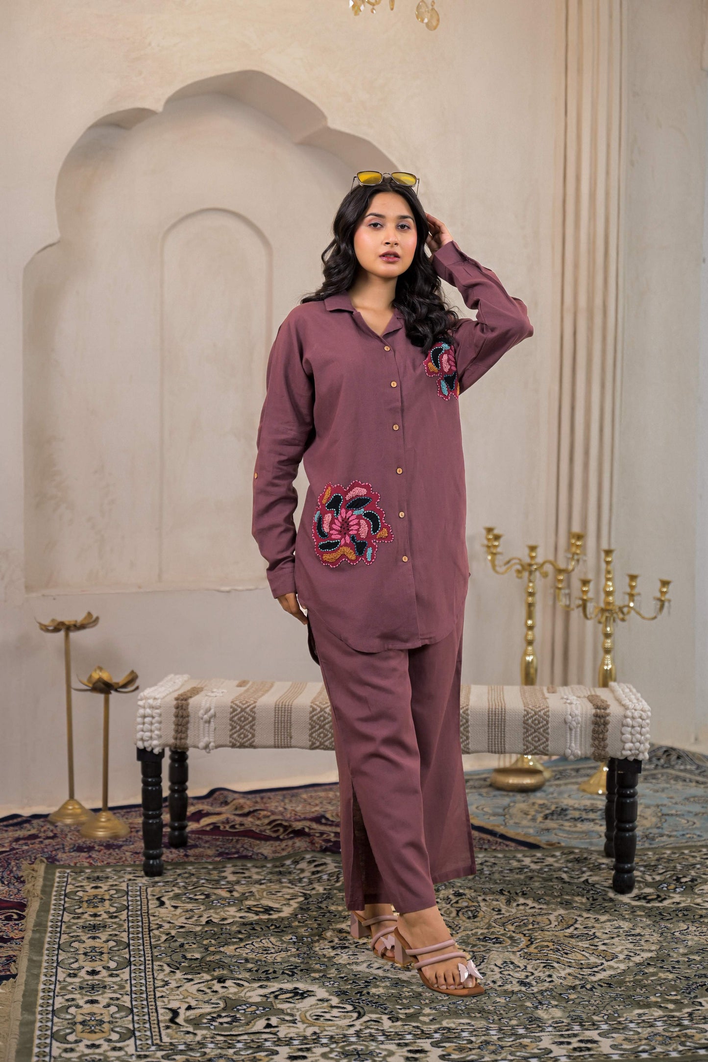 Juniper Viscose Linen Mauve Embroidered Top And Pant Co-Ord Set With Thread Work - Swadesiicart