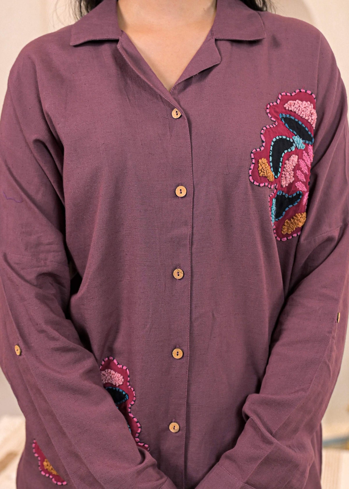Juniper Viscose Linen Mauve Embroidered Top And Pant Co-Ord Set With Thread Work - Swadesiicart