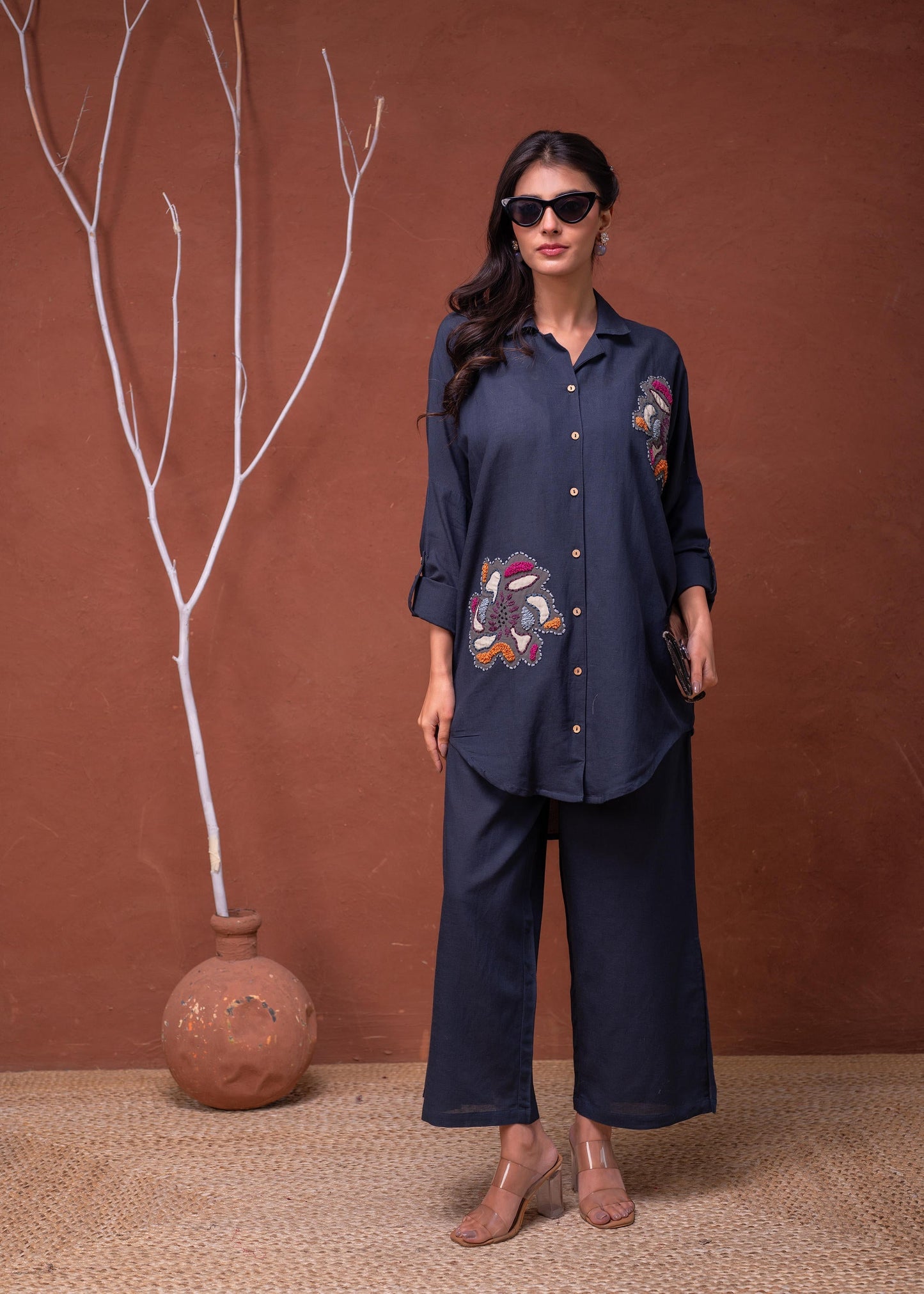 Juniper Viscose Linen Teal Embroidered Top And Pant Co-Ord Set With Thread Work - Swadesiicart