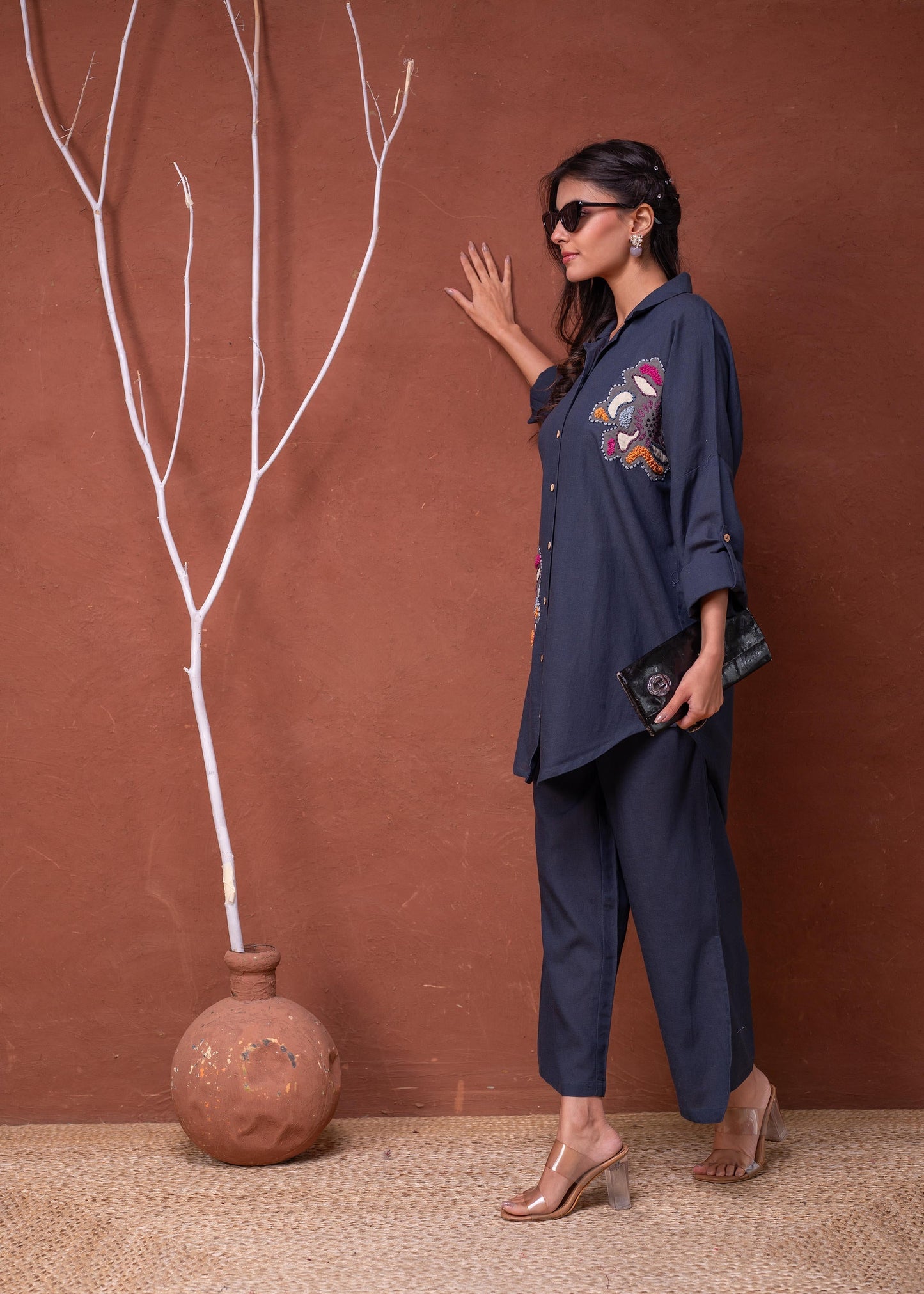 Juniper Viscose Linen Teal Embroidered Top And Pant Co-Ord Set With Thread Work - Swadesiicart