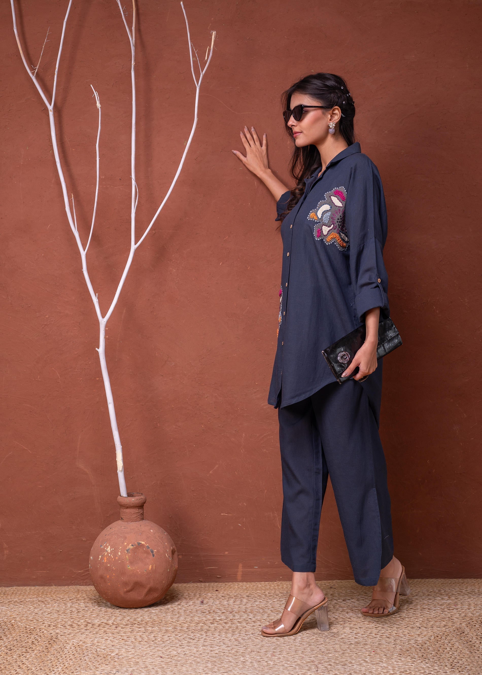 Juniper Viscose Linen Teal Embroidered Top And Pant Co-Ord Set With Thread Work - Swadesiicart