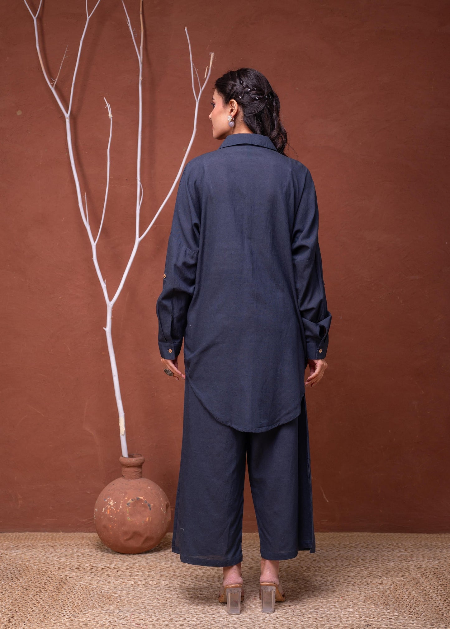 Juniper Viscose Linen Teal Embroidered Top And Pant Co-Ord Set With Thread Work - Swadesiicart