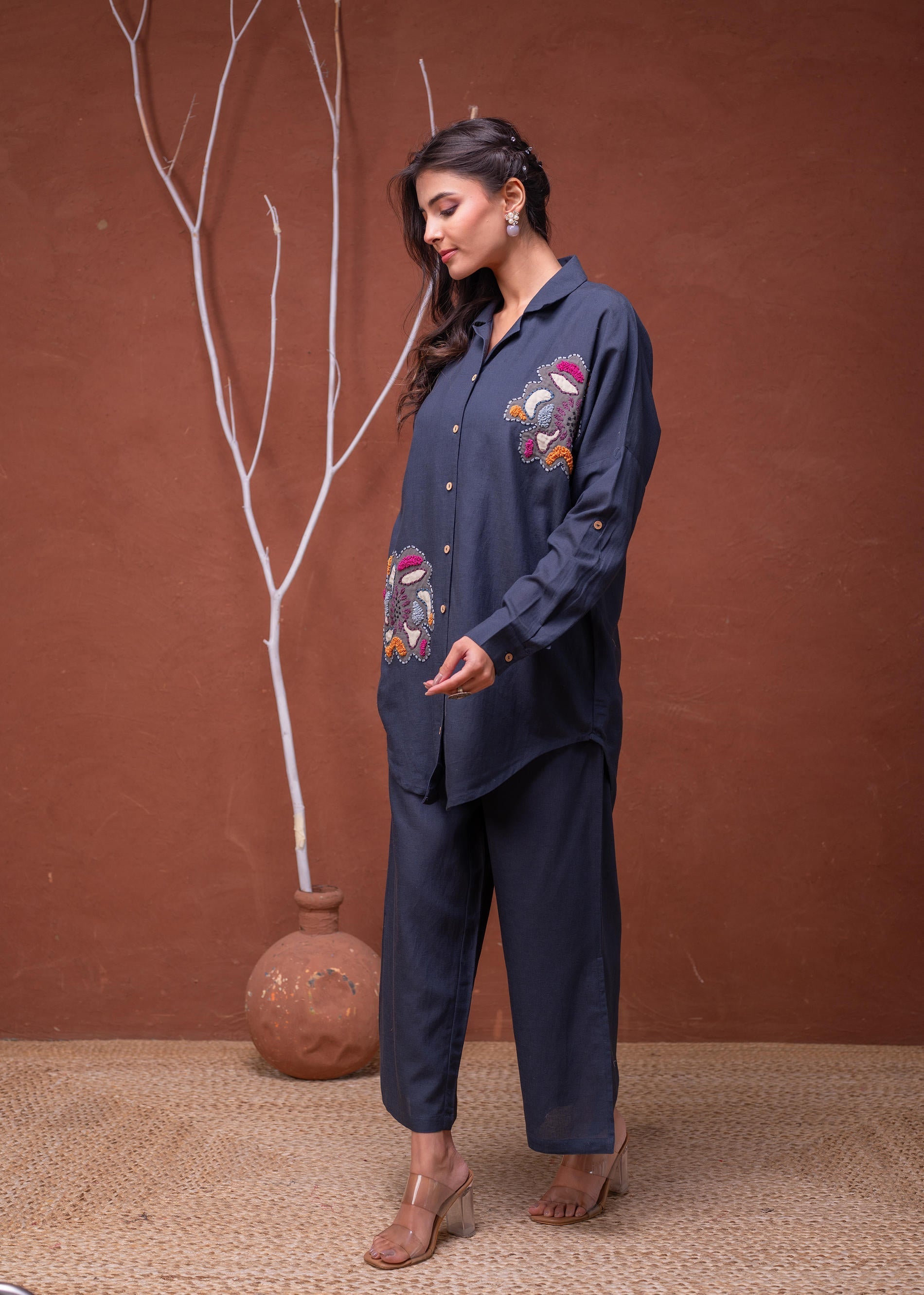 Juniper Viscose Linen Teal Embroidered Top And Pant Co-Ord Set With Thread Work - Swadesiicart