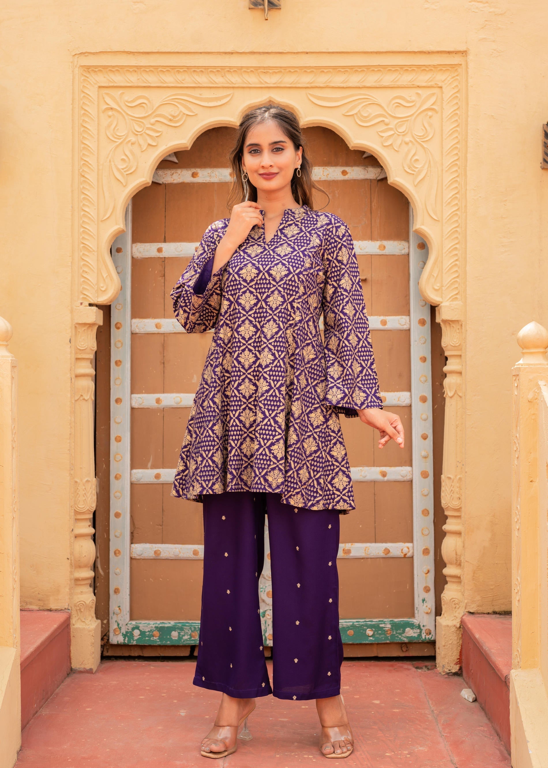 Juniper Purple Gold Geometric Printed Kurta With Pants - Swadesiicart