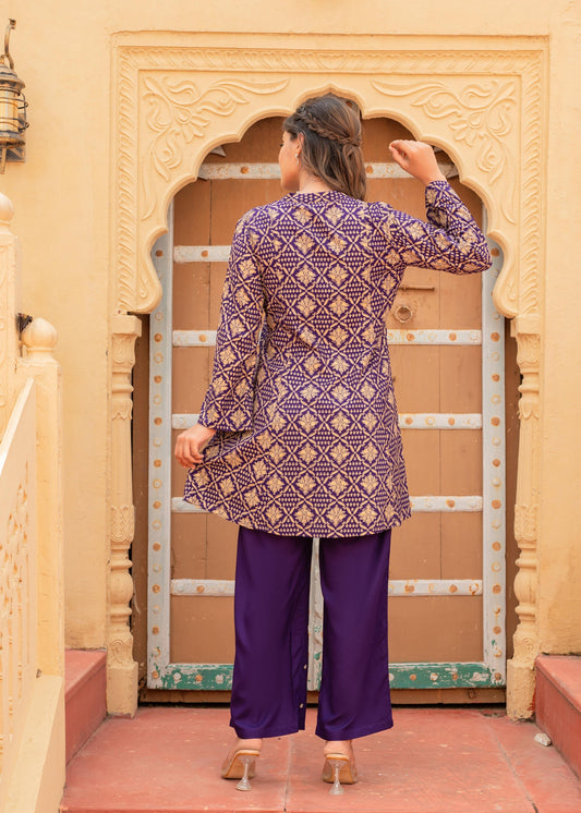 Juniper Purple Gold Geometric Printed Kurta With Pants - Swadesiicart