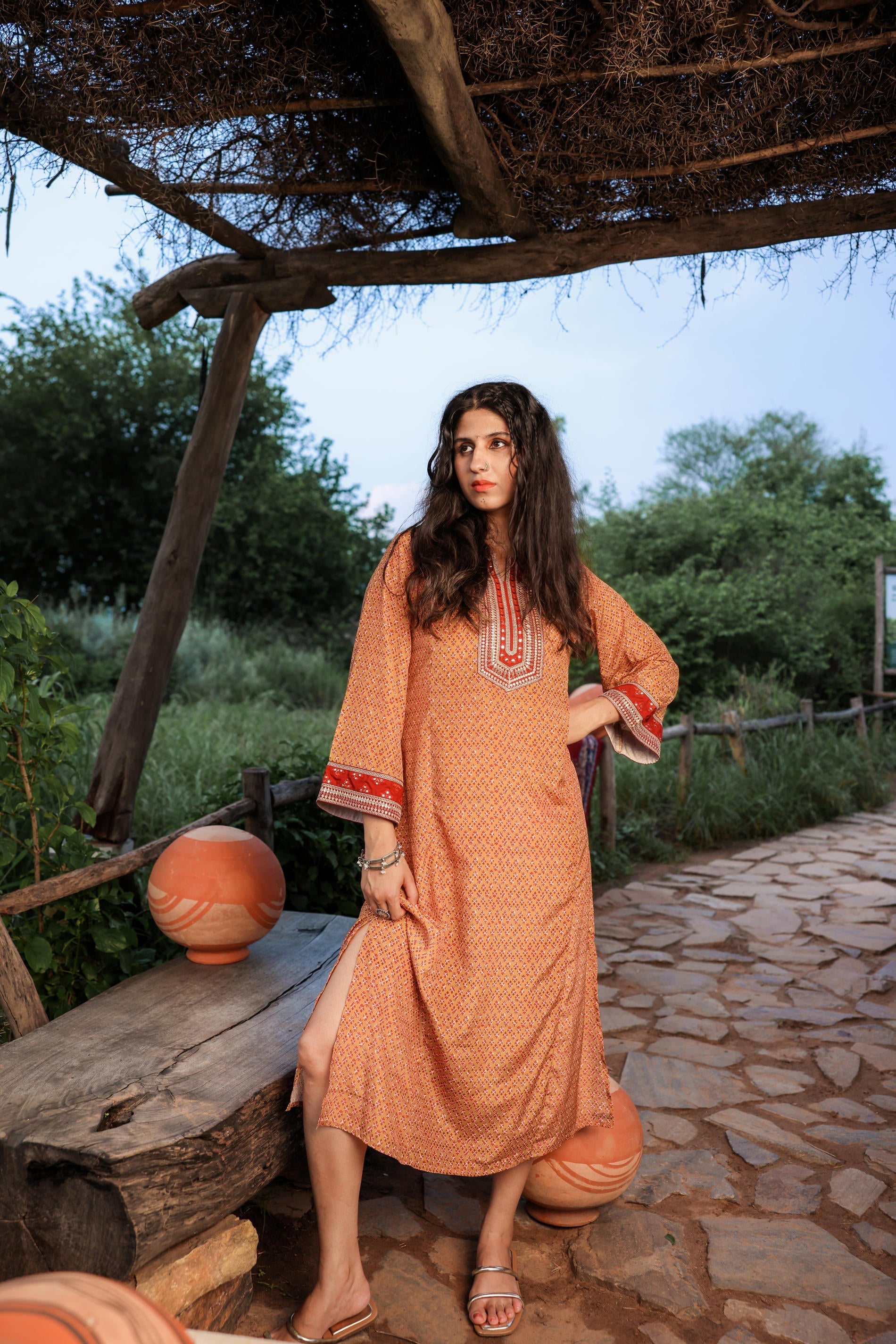 Juniper Mustard Embroidered A-Line Kurta With Mirror & Thread Work - Swadesiicart