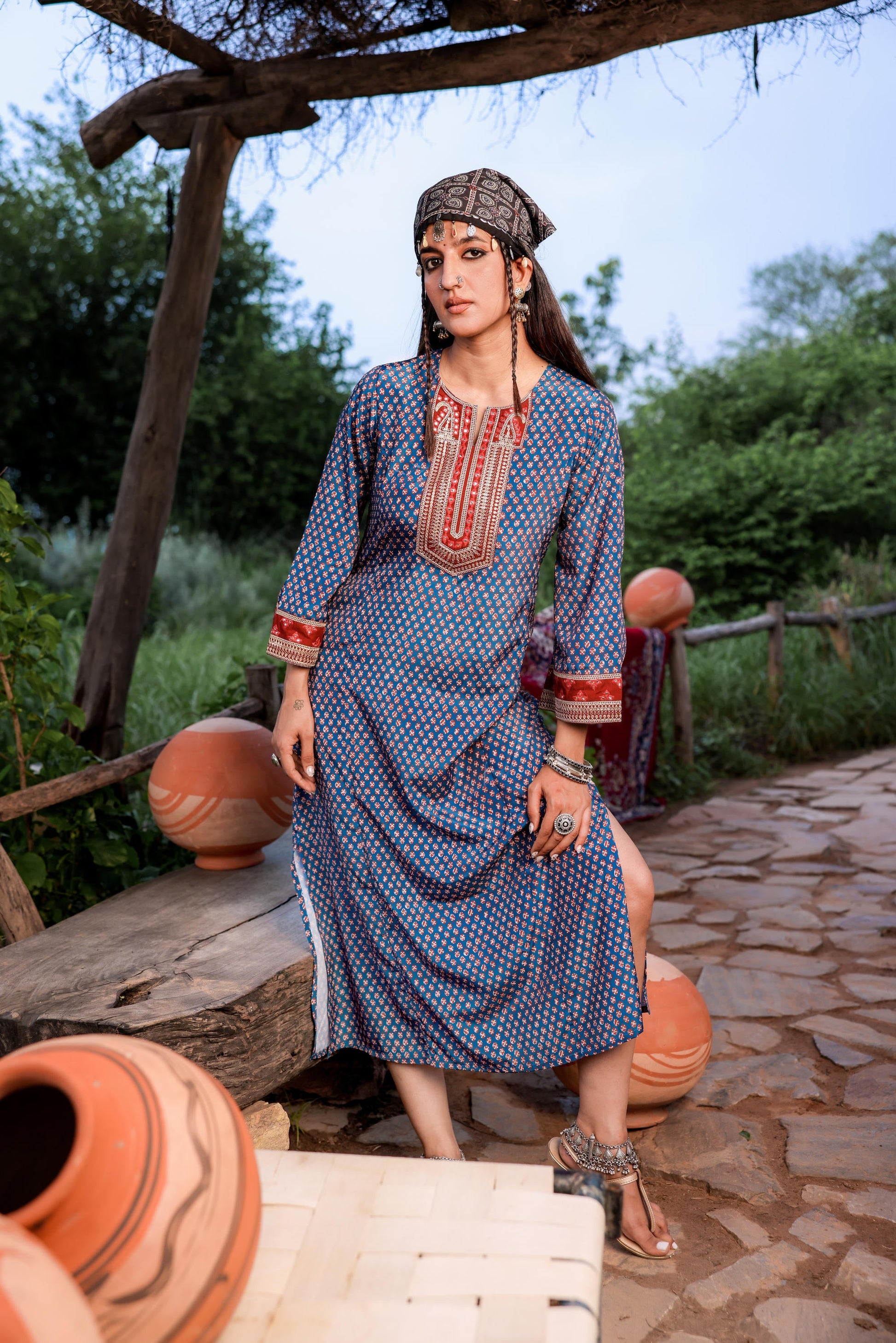 Juniper Teal Ethnic Motif Embroidered A-Line Kurta With Zari & Mirror Work - Swadesiicart