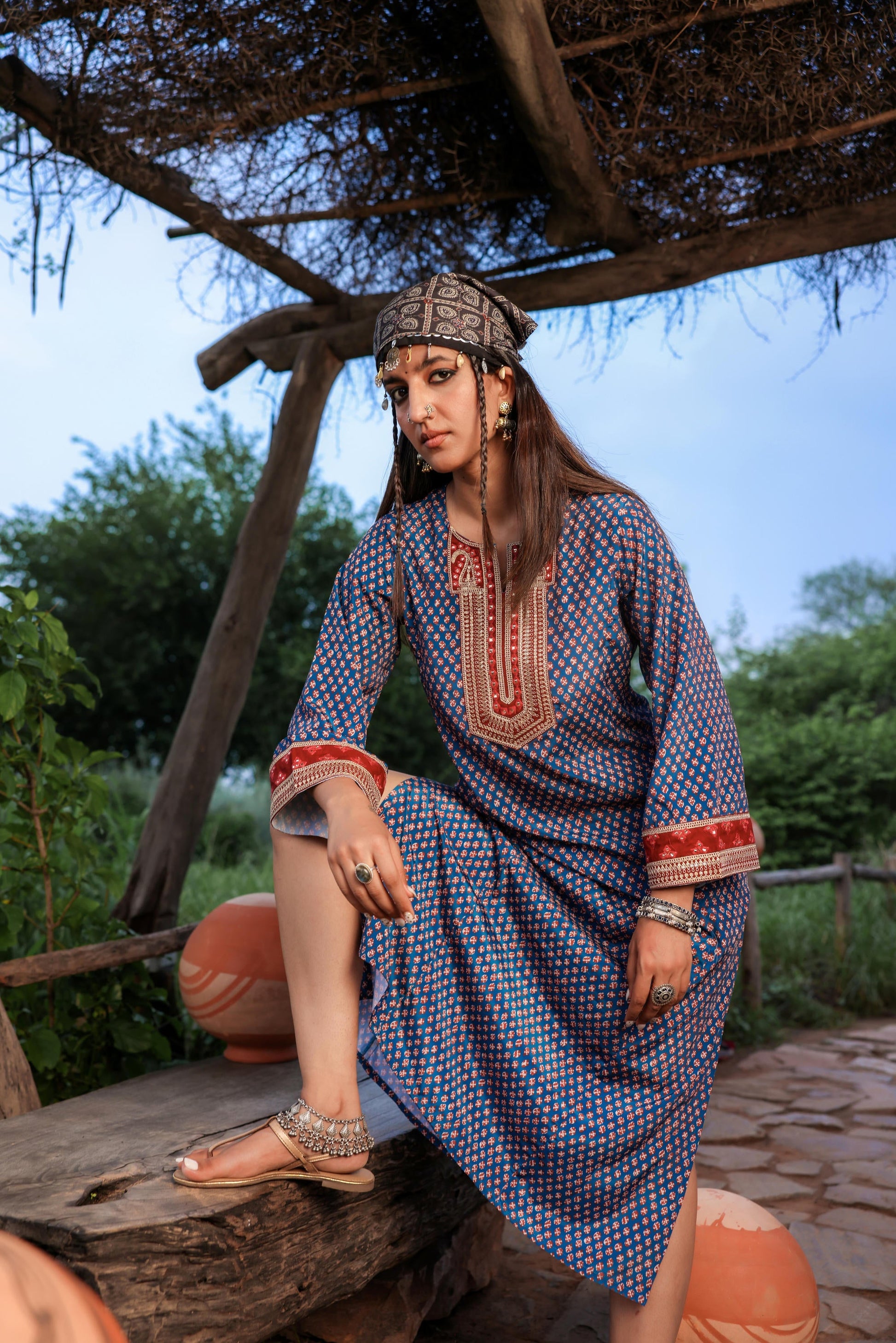 Juniper Teal Ethnic Motif Embroidered A-Line Kurta With Zari & Mirror Work - Swadesiicart
