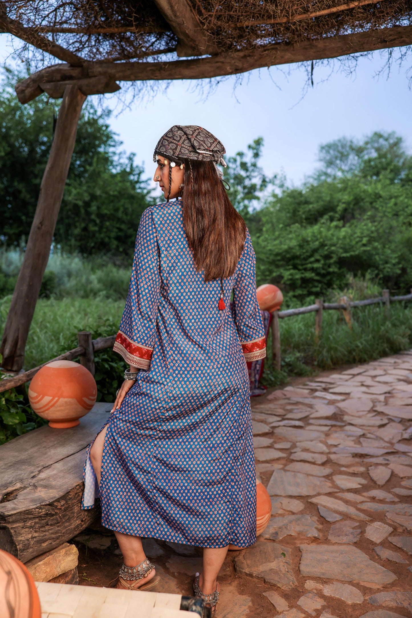 Juniper Teal Ethnic Motif Embroidered A-Line Kurta With Zari & Mirror Work - Swadesiicart