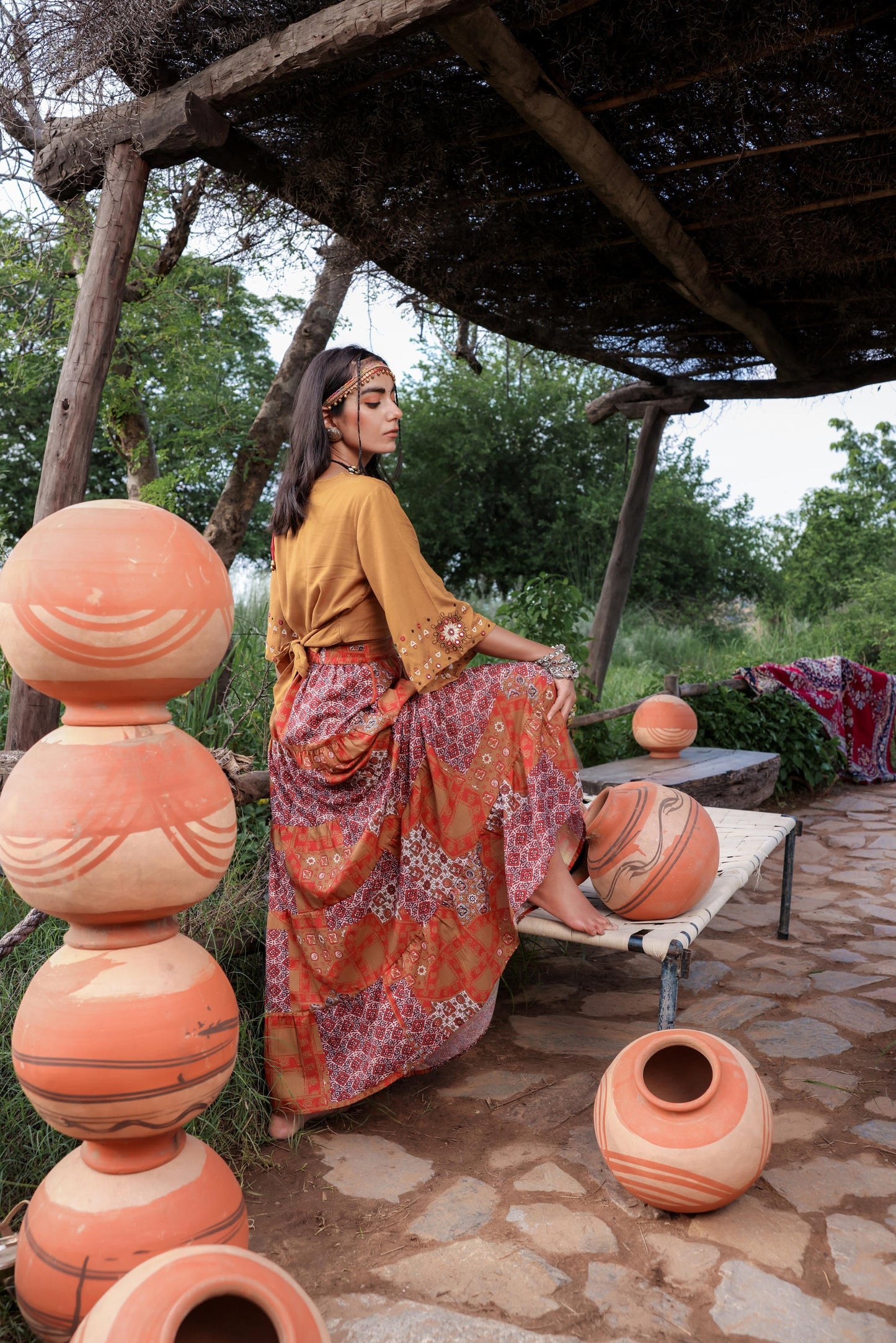 Juniper Mustard Floral Embroidered Co-Ord Set With Mirror & Thread Work - Swadesiicart