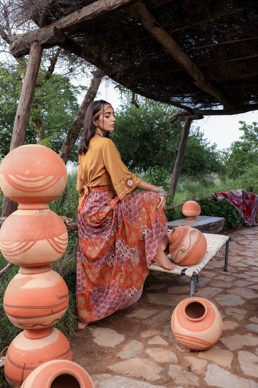 Juniper Mustard Floral Embroidered Co-Ord Set With Mirror & Thread Work - Swadesiicart