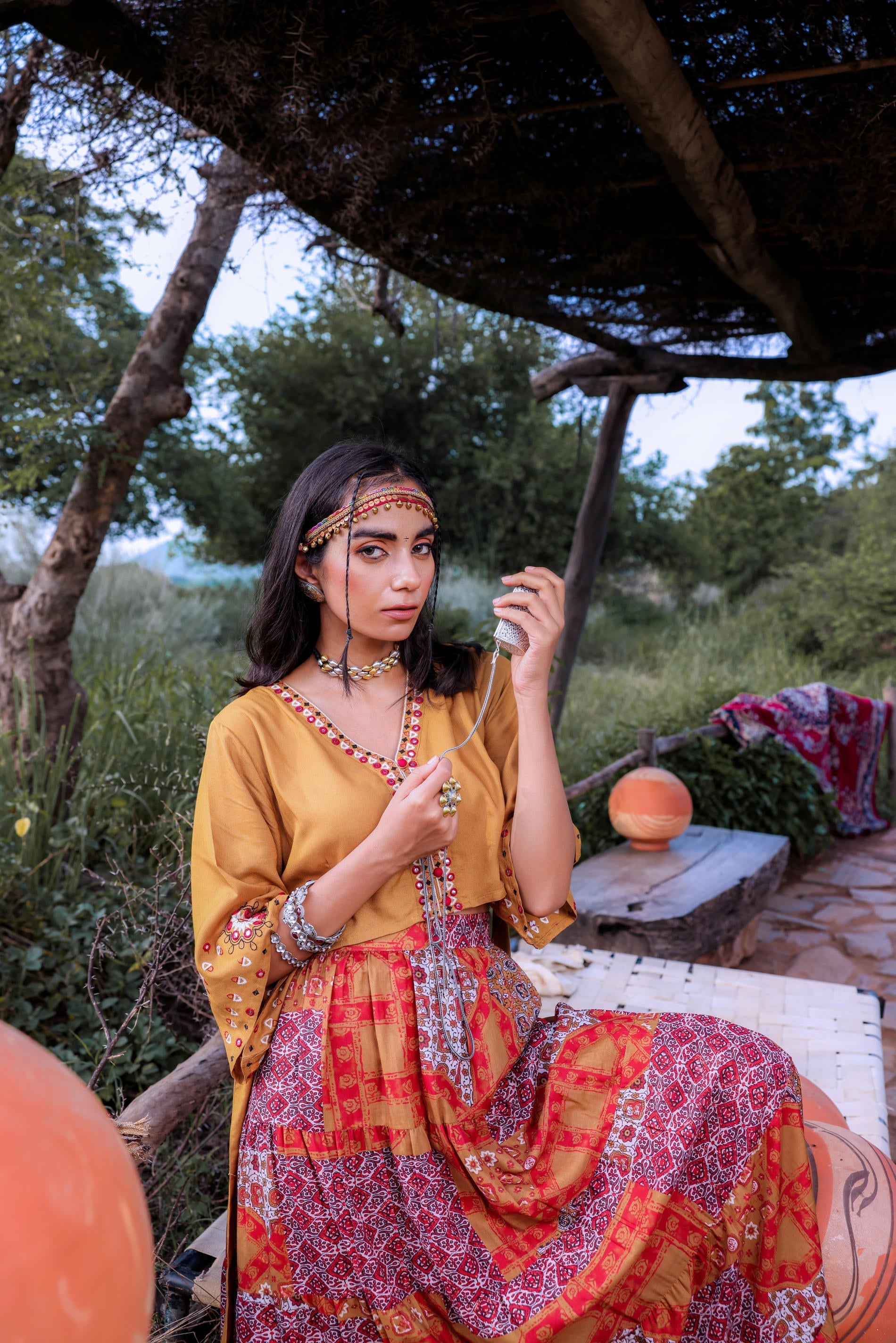 Juniper Mustard Floral Embroidered Co-Ord Set With Mirror & Thread Work - Swadesiicart
