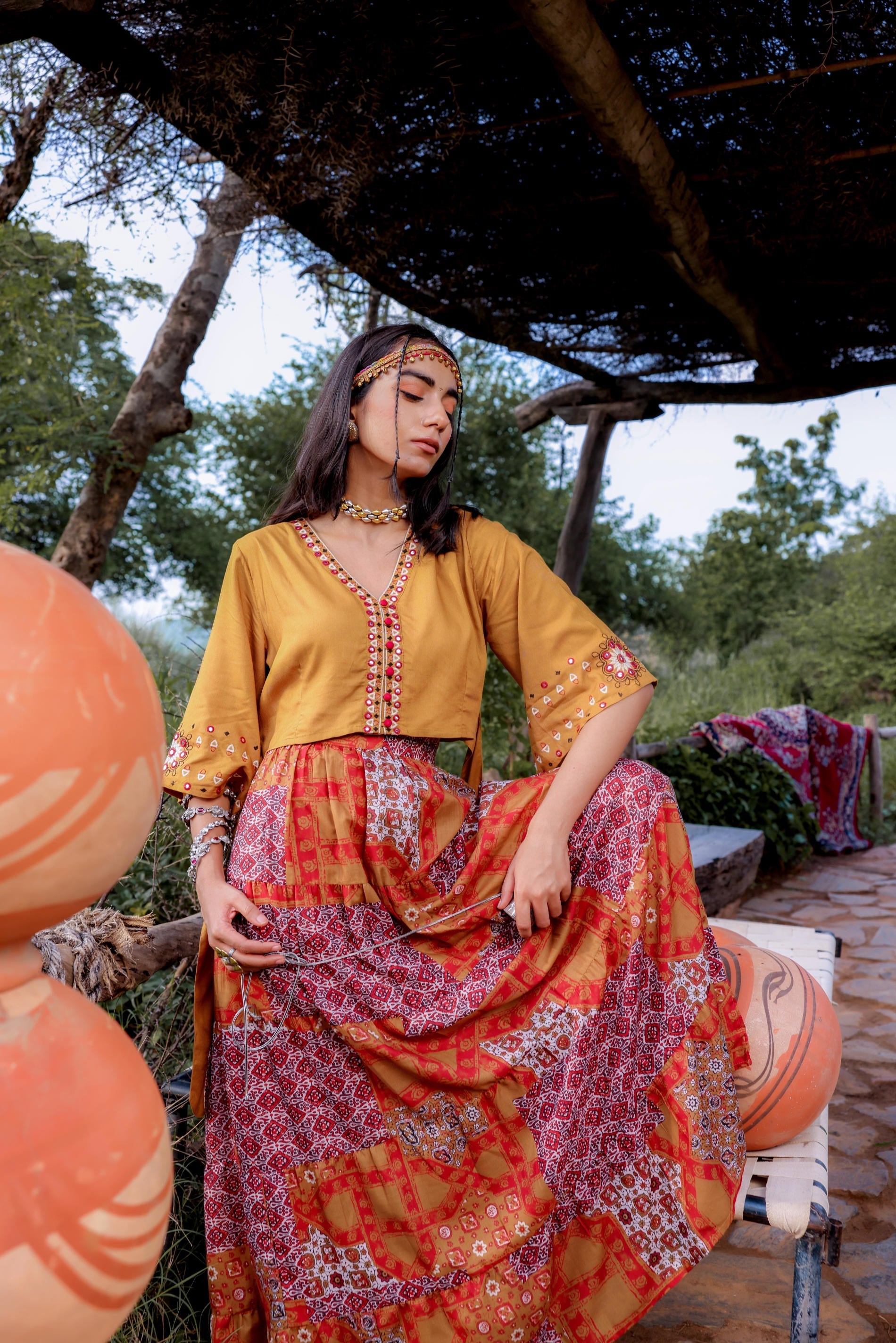 Juniper Mustard Floral Embroidered Co-Ord Set With Mirror & Thread Work - Swadesiicart