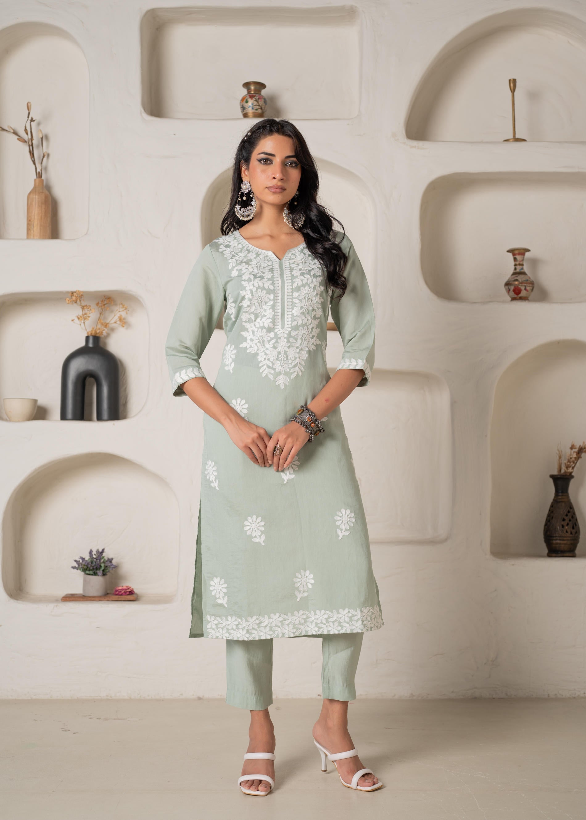 Juniper Mint Solid Embroidered Straight Kurta Pant Set With Thread Work - Swadesiicart