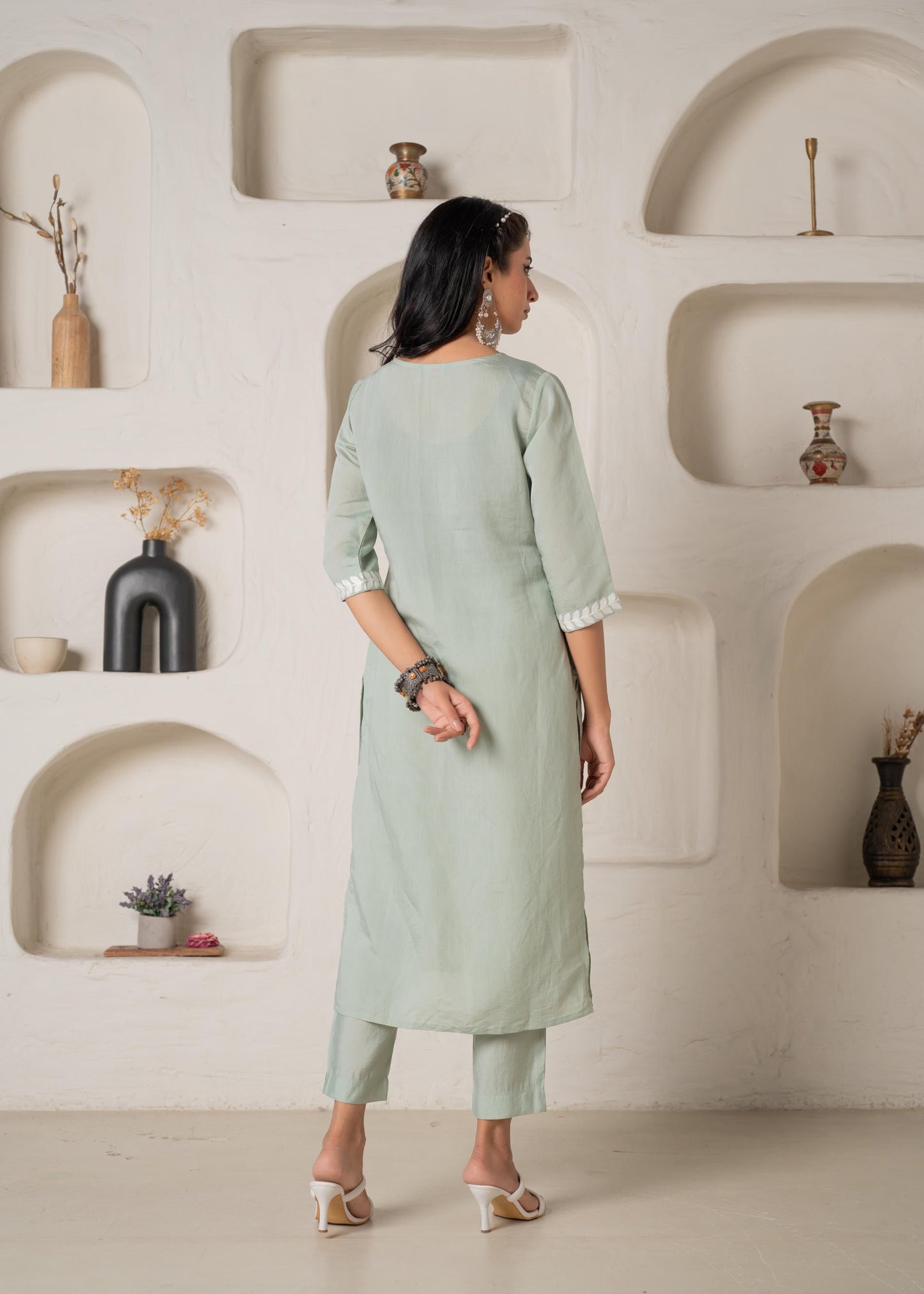 Juniper Mint Solid Embroidered Straight Kurta Pant Set With Thread Work - Swadesiicart